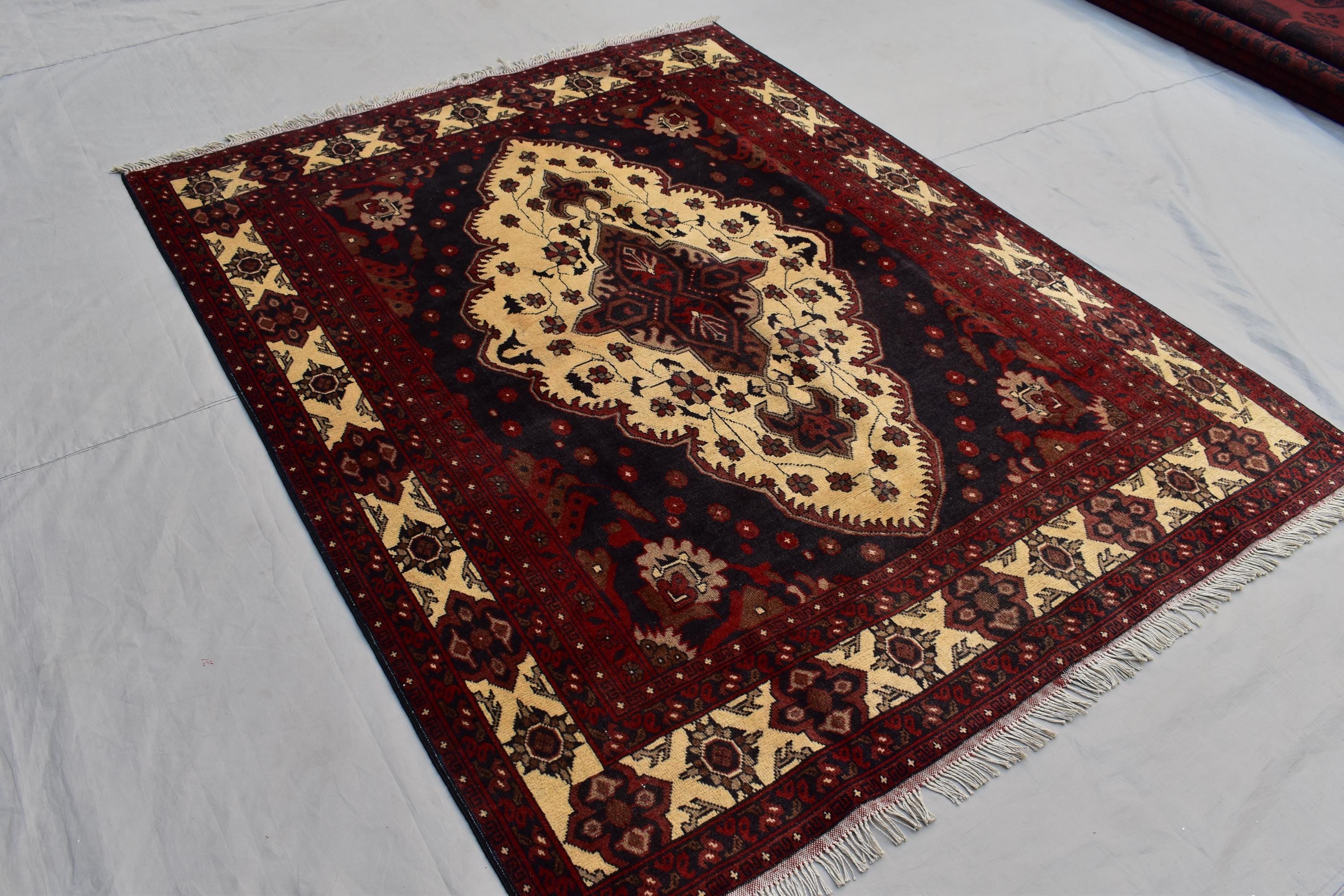 Handmade Vintage Kazak Rug - 6.2 x 4.8 ft, Afghan Wool Carpet, Traditional Tribal Area Rug, Oriental Decor, Red & Blue Pattern,