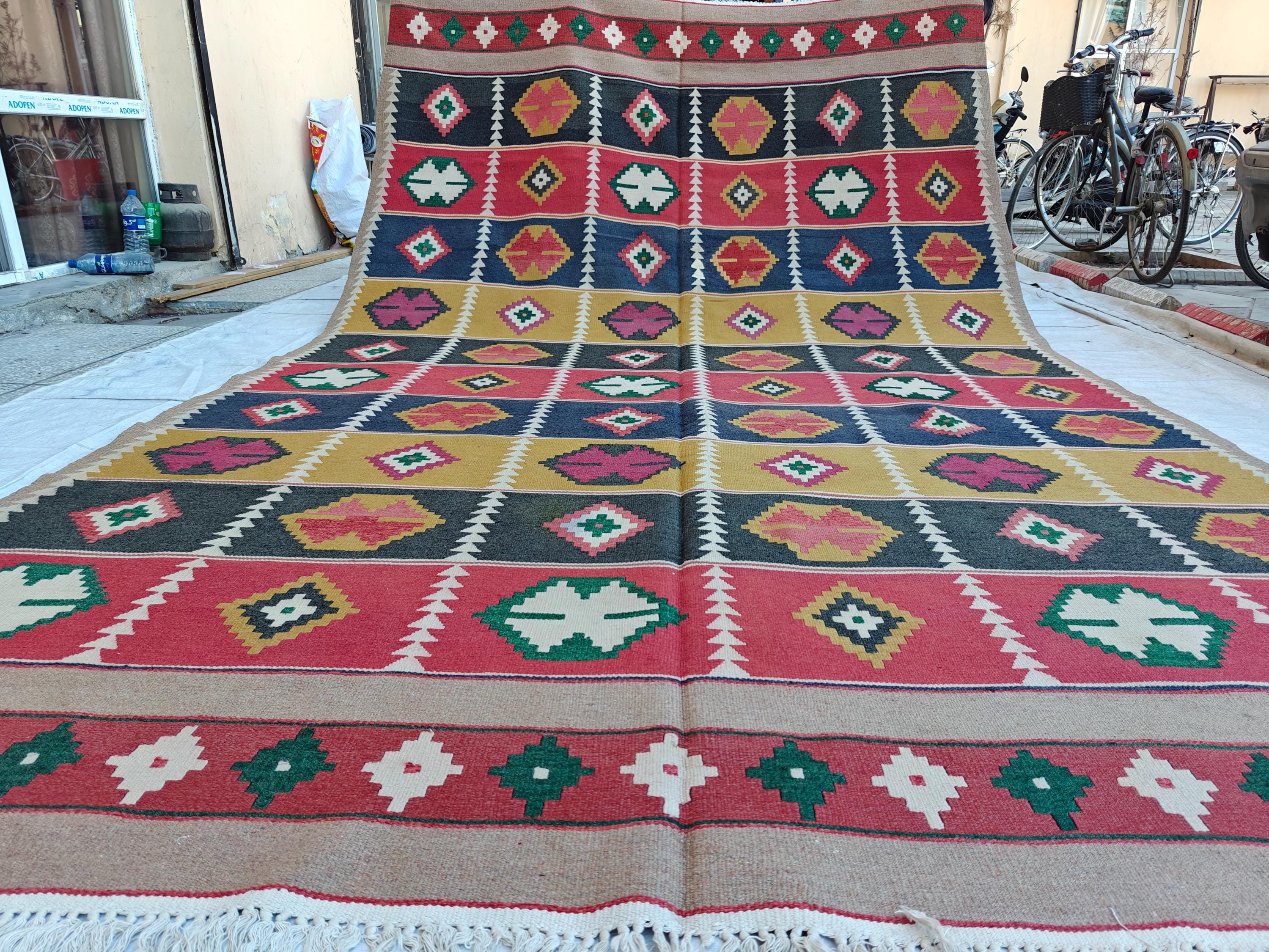 Vintage Kilim Rug 13.3x8 ft - Handmade Afghan Wool Flatweave, Boho Area Rug, Large Tribal Carpet, Rustic Home Decor, Unique Floor Covering