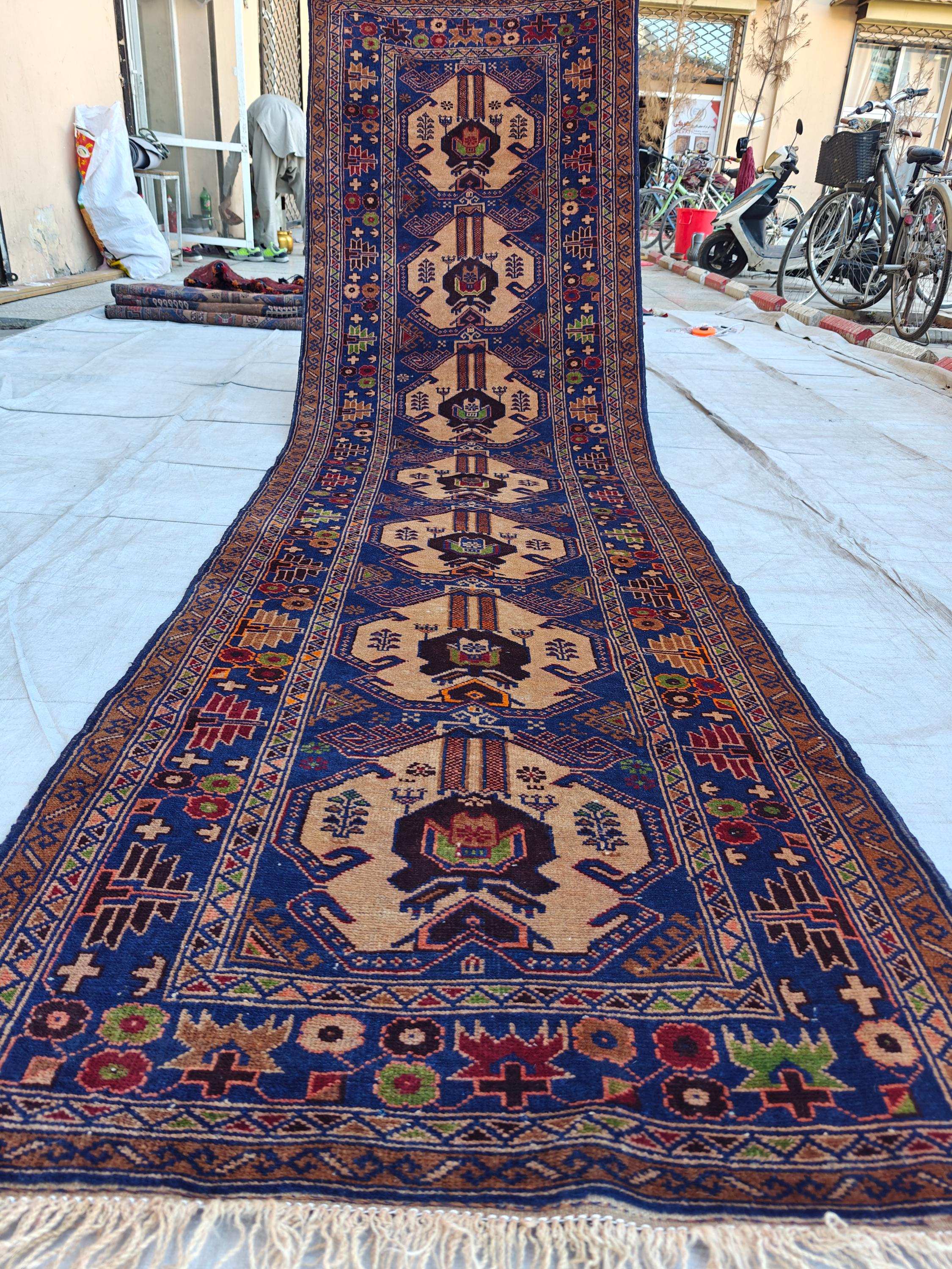 Vintage Baluchi Runner Rug 10.4x2.4 ft - Handwoven Afghan Wool Carpet - Tribal Narrow Hallway Rug - Bohemian Home Decor, Farm House Rug