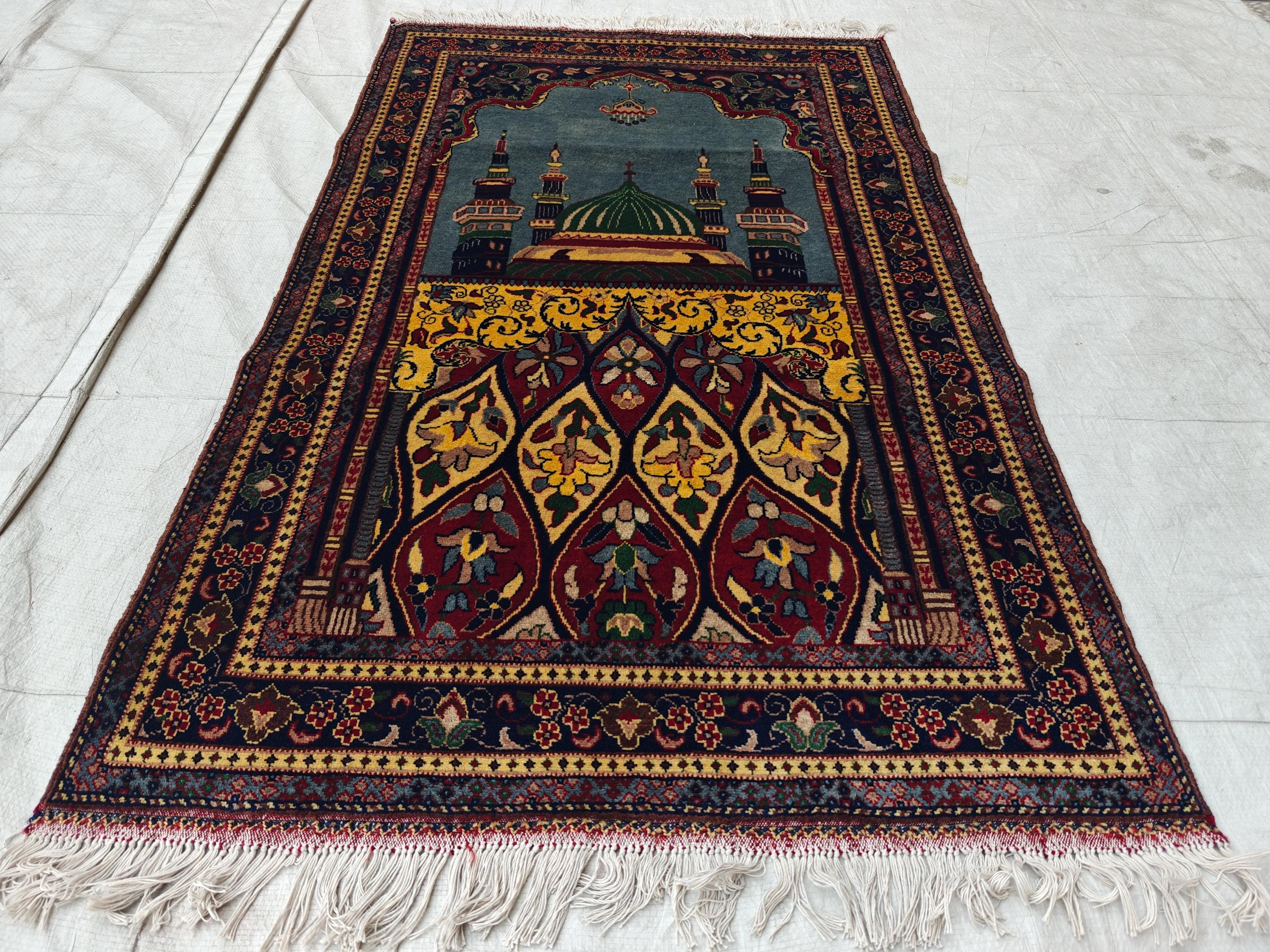 4.9x2.11 ft Vintage Belgian Prayer Mat Handwoven Wool Rug, Islamic Prayer Carpet, Small Area Rug for Home Decor”