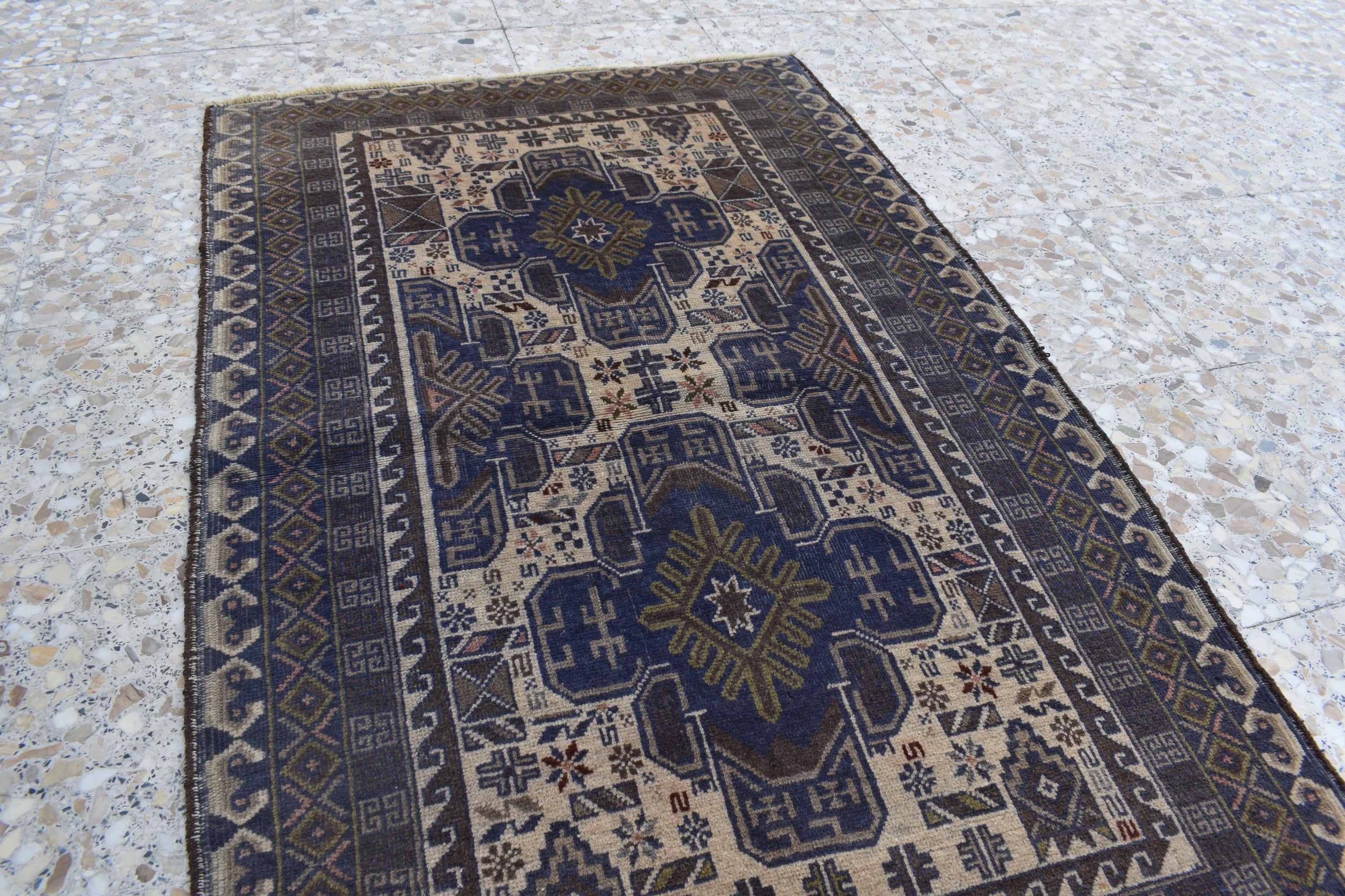 Vintage Baluchi Rug – 4.4 x 2.9 ft | Handmade Afghan Rug | Authentic Tribal Wool Carpet | Small Oriental Rug | Boho Decor, Hallway rug