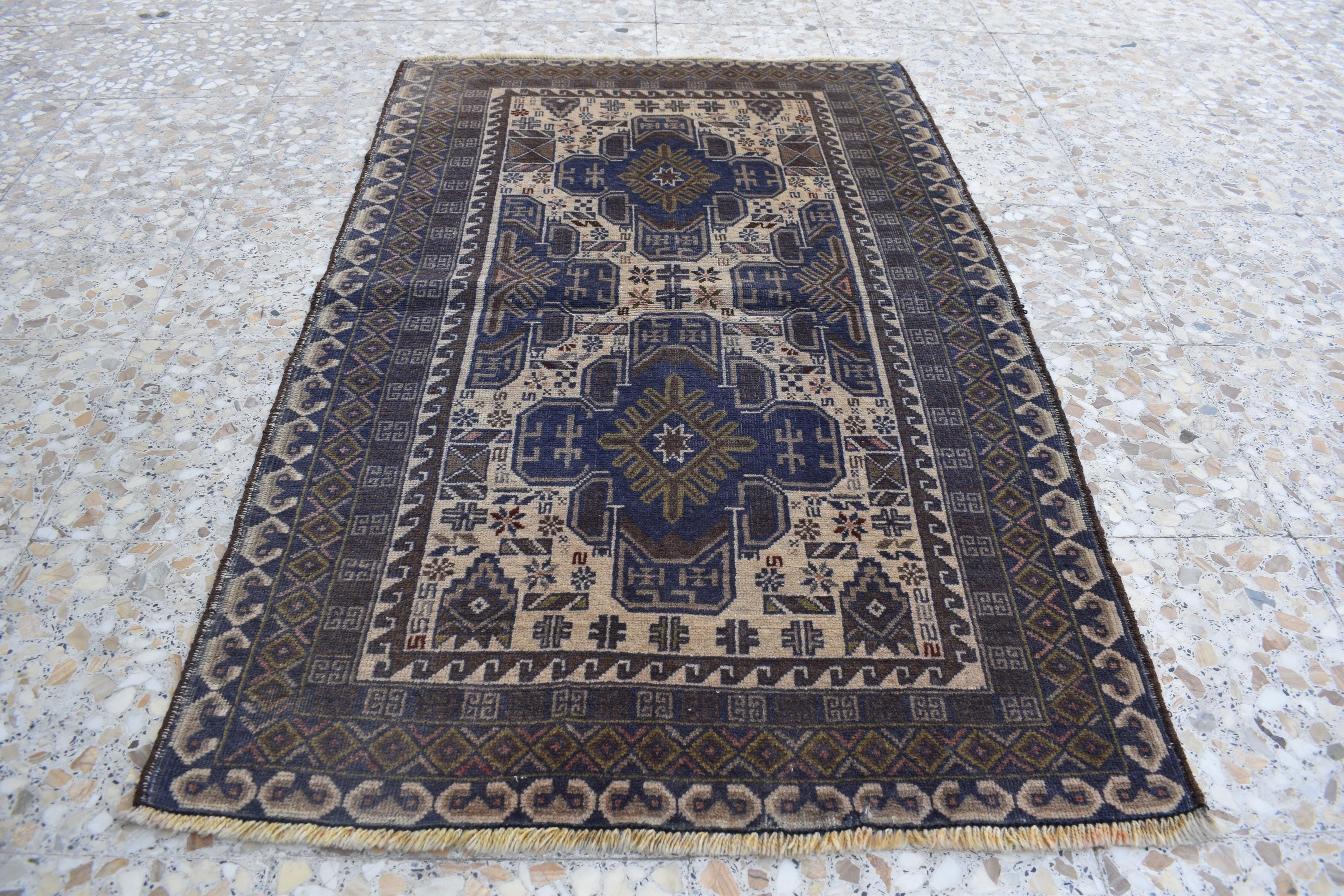Vintage Baluchi Rug – 4.4 x 2.9 ft | Handmade Afghan Rug | Authentic Tribal Wool Carpet | Small Oriental Rug | Boho Decor, Hallway rug