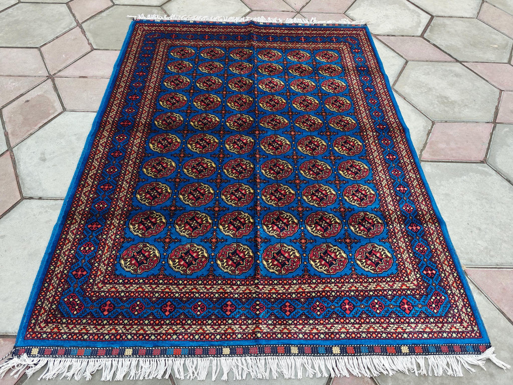 5x7 Authentic Mowrai Gul Rug Navy Blue Handwoven Turkmen Carpet with Traditional Design, Living Room Rug, Bedroom Rug, Boho Home Decor