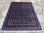 5x7 Authentic Mowrai Gul Rug Navy Blue Handwoven Turkmen Carpet with Traditional Design, Living Room Rug, Bedroom Rug, Boho Home Decor