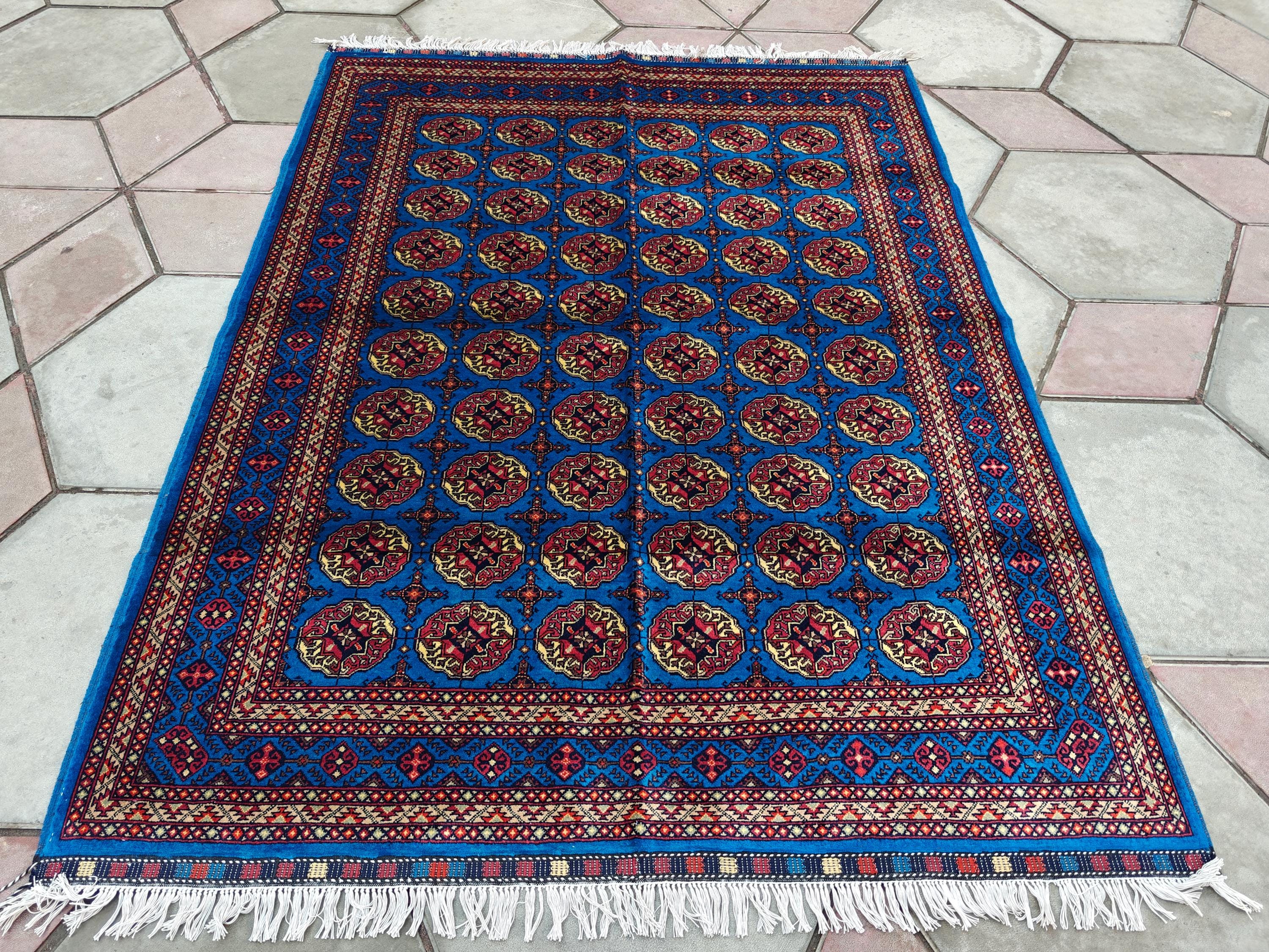 5x7 Authentic Mowrai Gul Rug Navy Blue Handwoven Turkmen Carpet with Traditional Design, Living Room Rug, Bedroom Rug, Boho Home Decor
