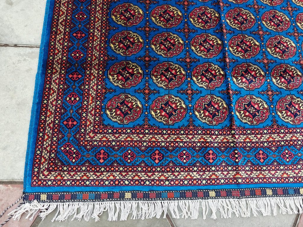 5x7 Authentic Mowrai Gul Rug Navy Blue Handwoven Turkmen Carpet with Traditional Design, Living Room Rug, Bedroom Rug, Boho Home Decor