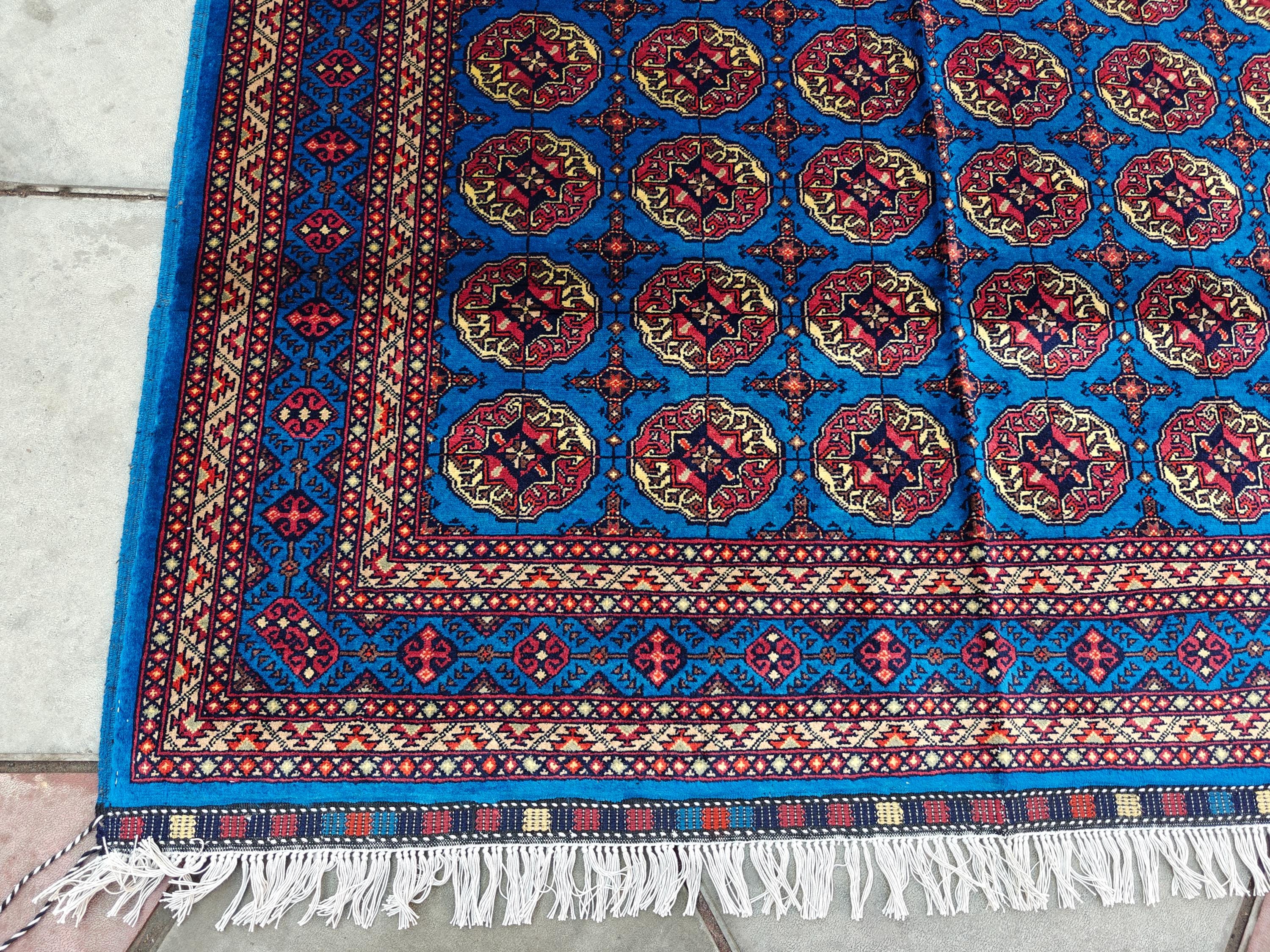 5x7 Authentic Mowrai Gul Rug Navy Blue Handwoven Turkmen Carpet with Traditional Design, Living Room Rug, Bedroom Rug, Boho Home Decor