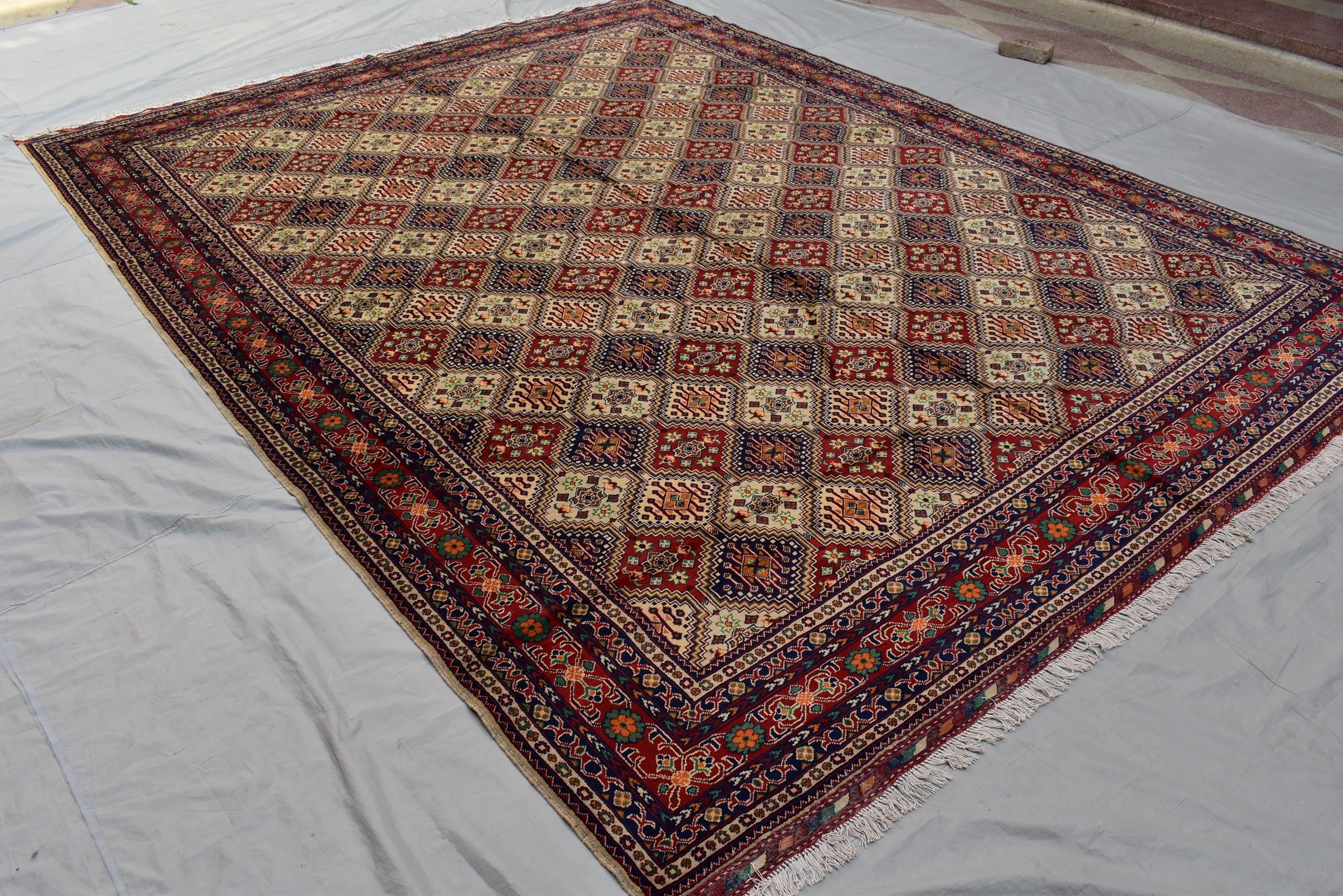 10x14 Large Afghan Handmade Rug-Traditional Wool Carpet with Geometric & Tribal Patterns-Authentic Oriental Decor, Living Room Rug 13.5x9.9