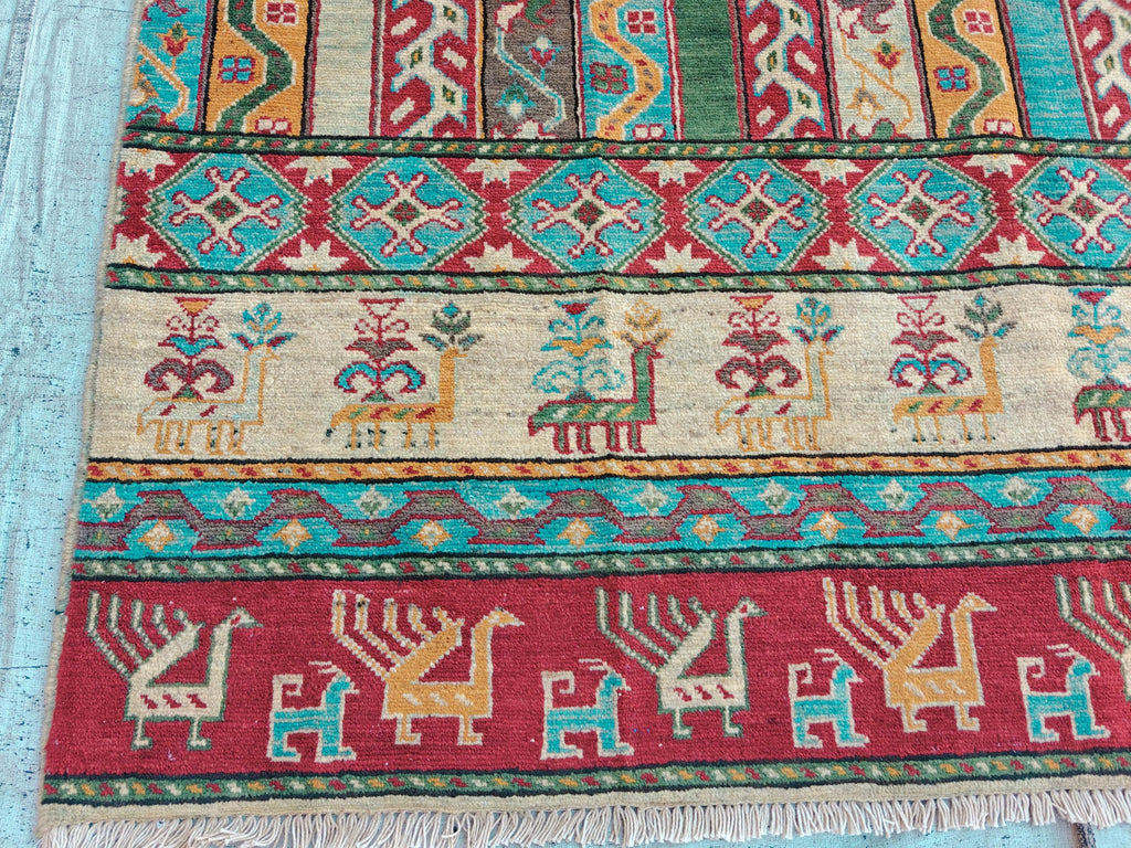 Handmade Afghan Chobi Rug 7.8x5.9 ft Geometric Tribal Pattern with Animal Motifs, Bohemian Decor, Unique Oriental Area Carpet