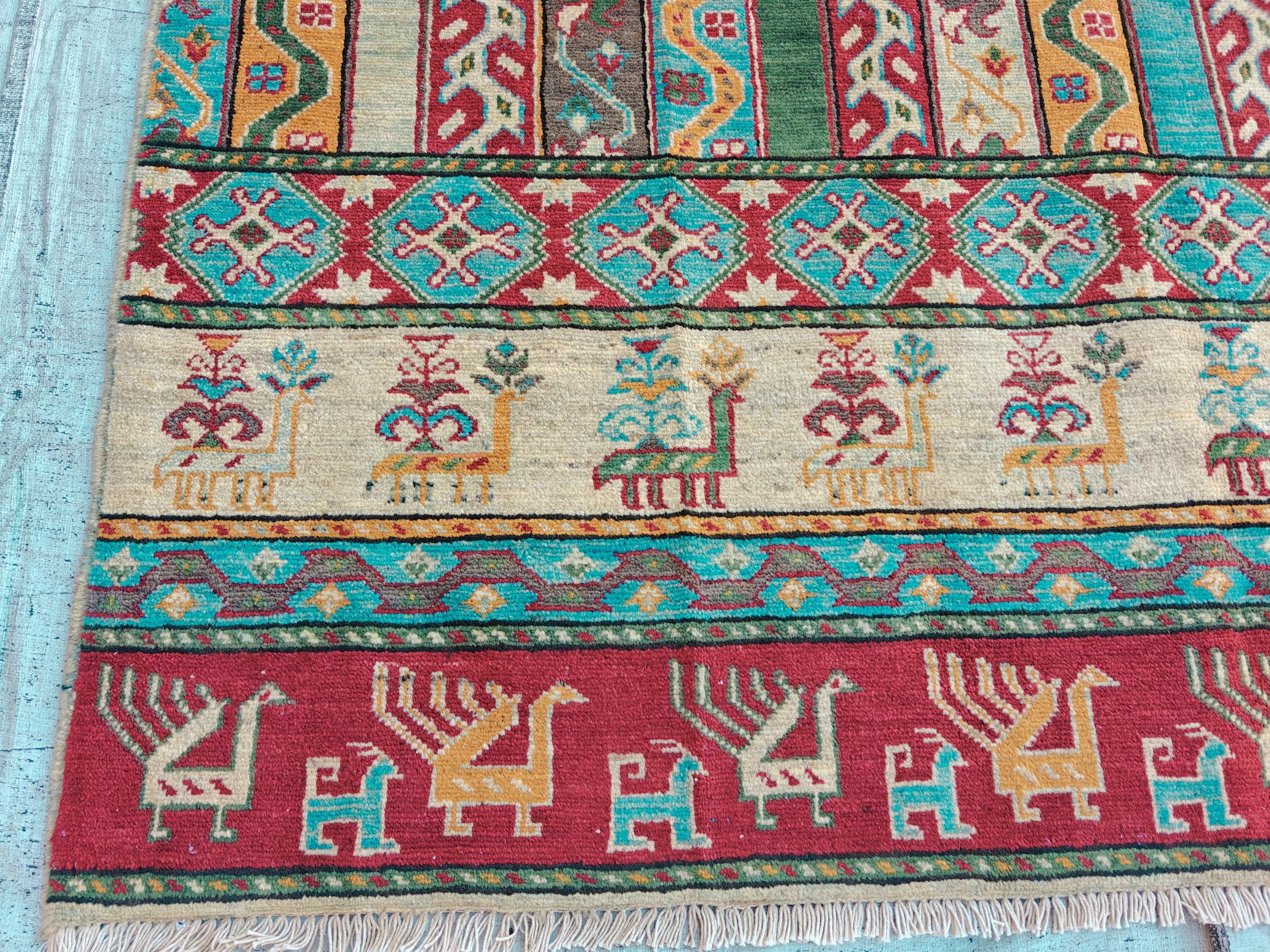 Handmade Afghan Chobi Rug 7.8x5.9 ft Geometric Tribal Pattern with Animal Motifs, Bohemian Decor, Unique Oriental Area Carpet