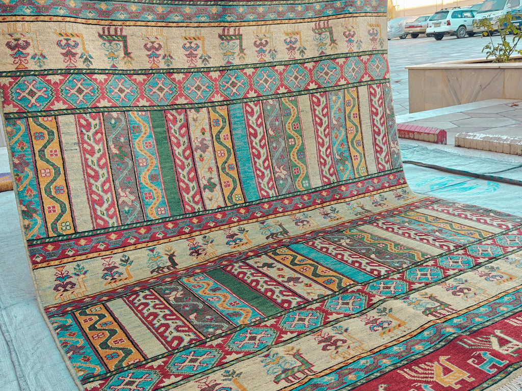 Handmade Afghan Chobi Rug 7.8x5.9 ft Geometric Tribal Pattern with Animal Motifs, Bohemian Decor, Unique Oriental Area Carpet