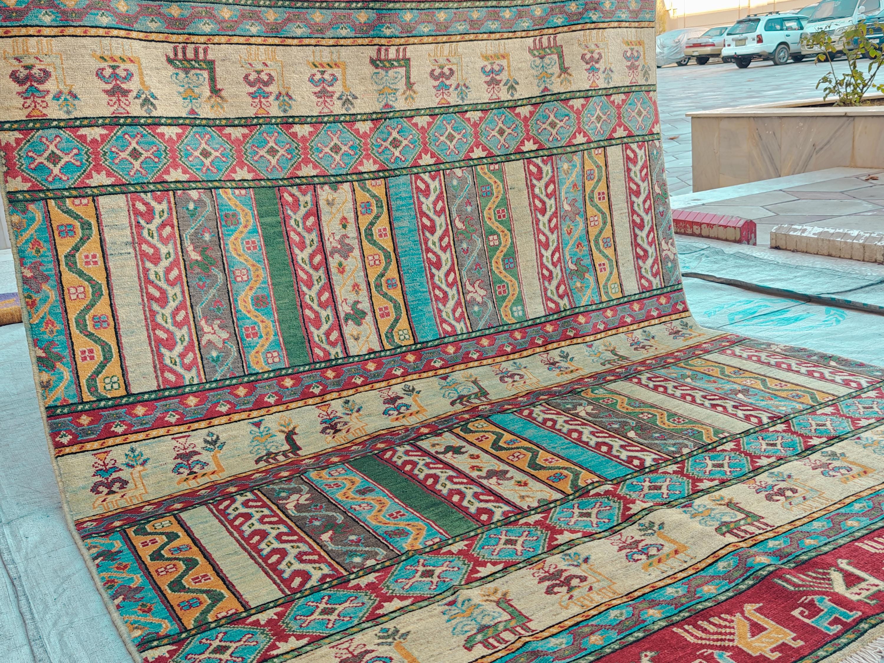 Handmade Afghan Chobi Rug 7.8x5.9 ft Geometric Tribal Pattern with Animal Motifs, Bohemian Decor, Unique Oriental Area Carpet
