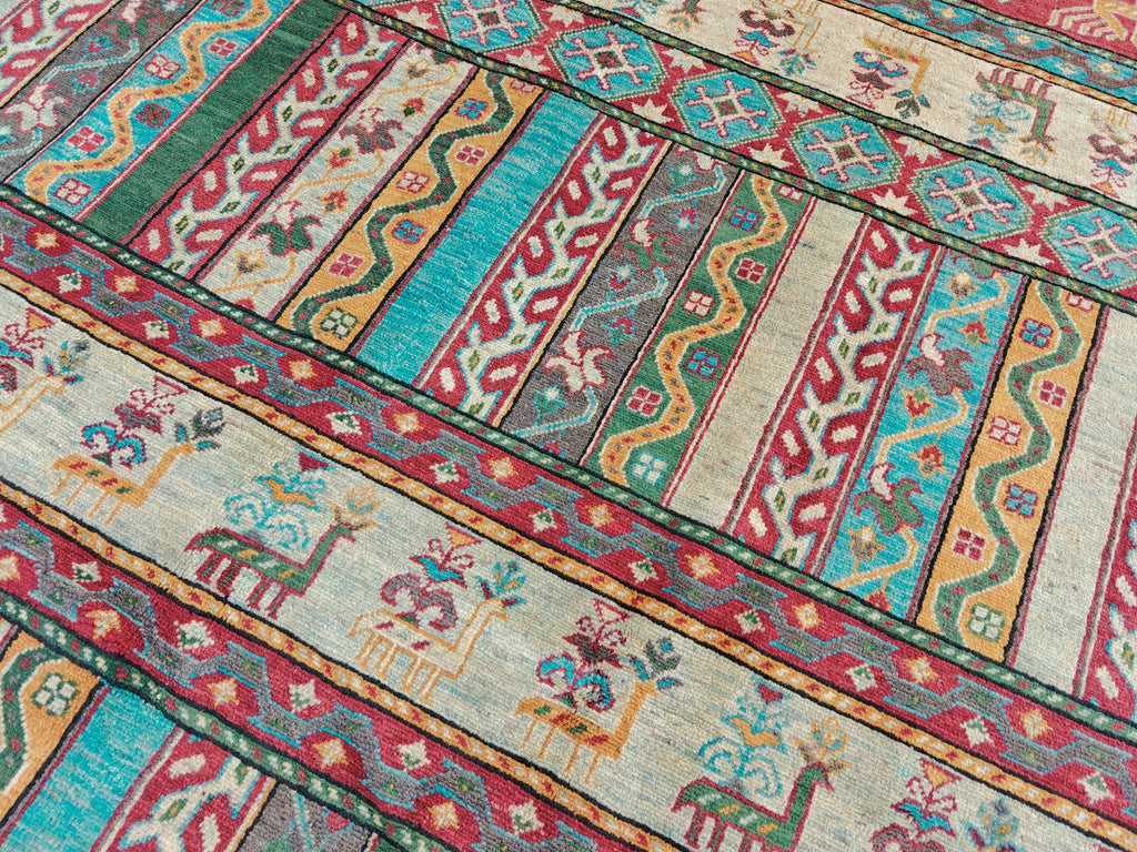 Handmade Afghan Chobi Rug 7.8x5.9 ft Geometric Tribal Pattern with Animal Motifs, Bohemian Decor, Unique Oriental Area Carpet