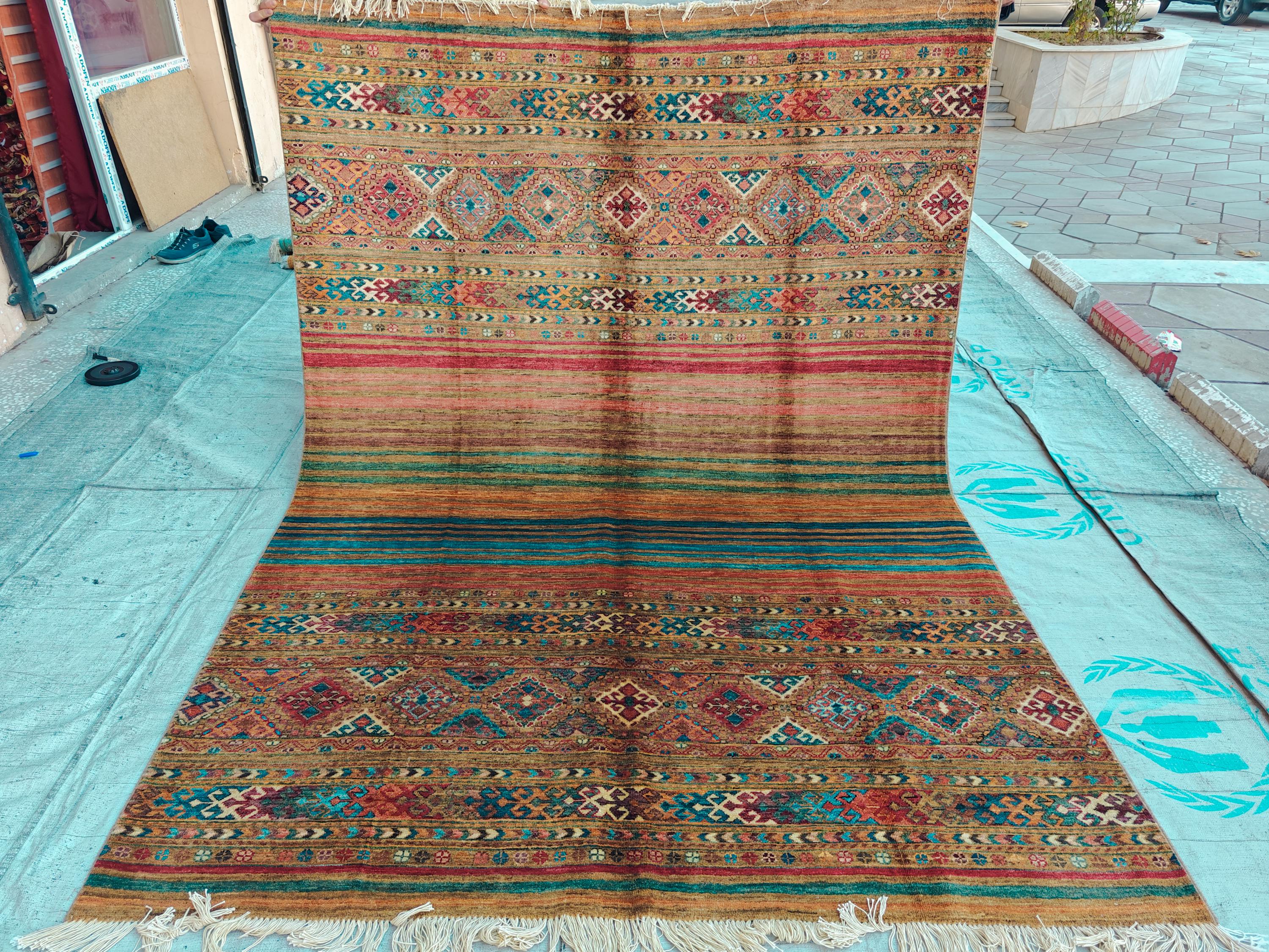 6x8 Handwoven Tribal – Multicolor Striped & Geometric Design – Afghan Caucasian Style Wool Rug – Bohemian Area Carpet – Rustic Home Decor
