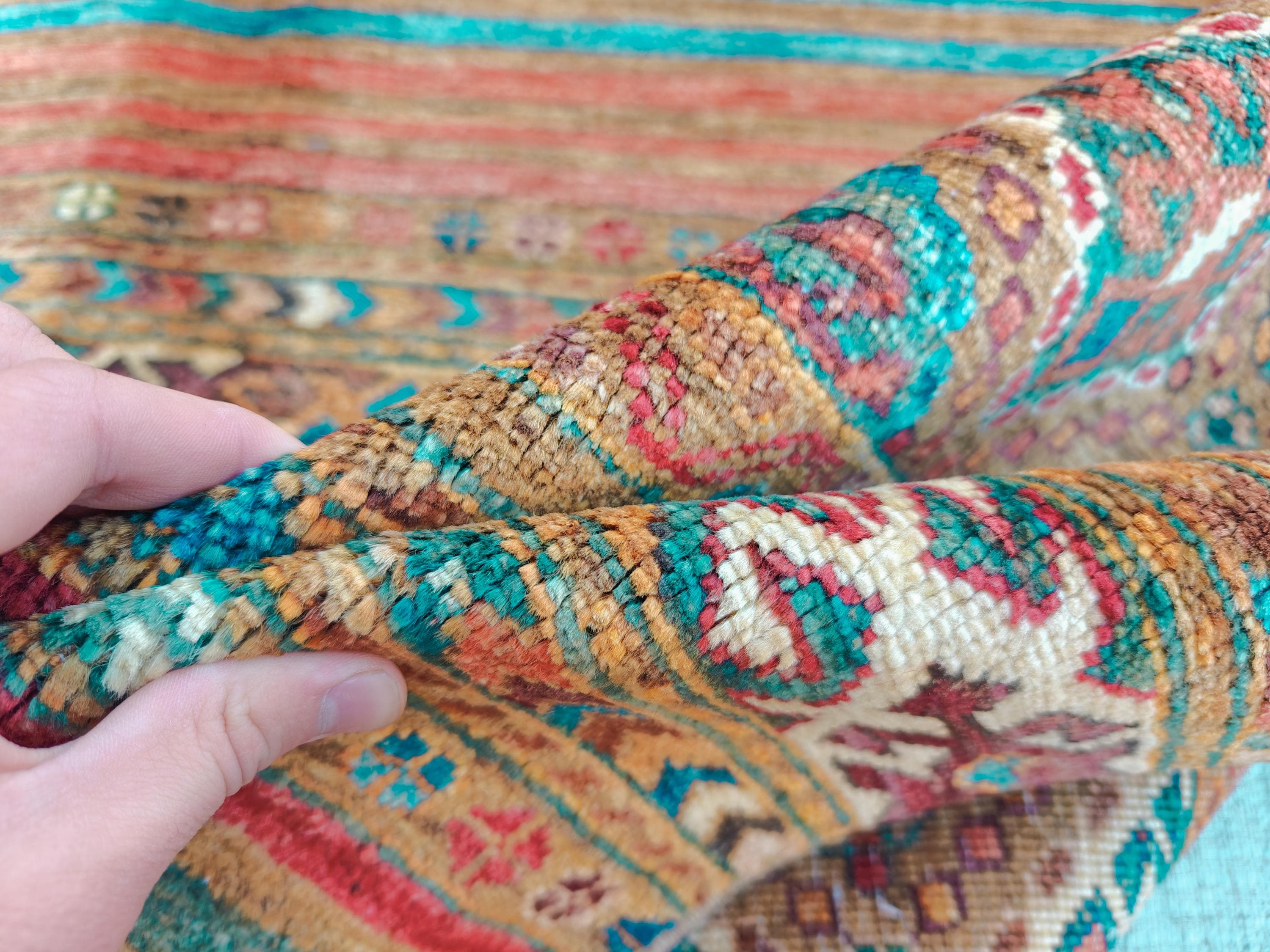 6x8 Handwoven Tribal – Multicolor Striped & Geometric Design – Afghan Caucasian Style Wool Rug – Bohemian Area Carpet – Rustic Home Decor