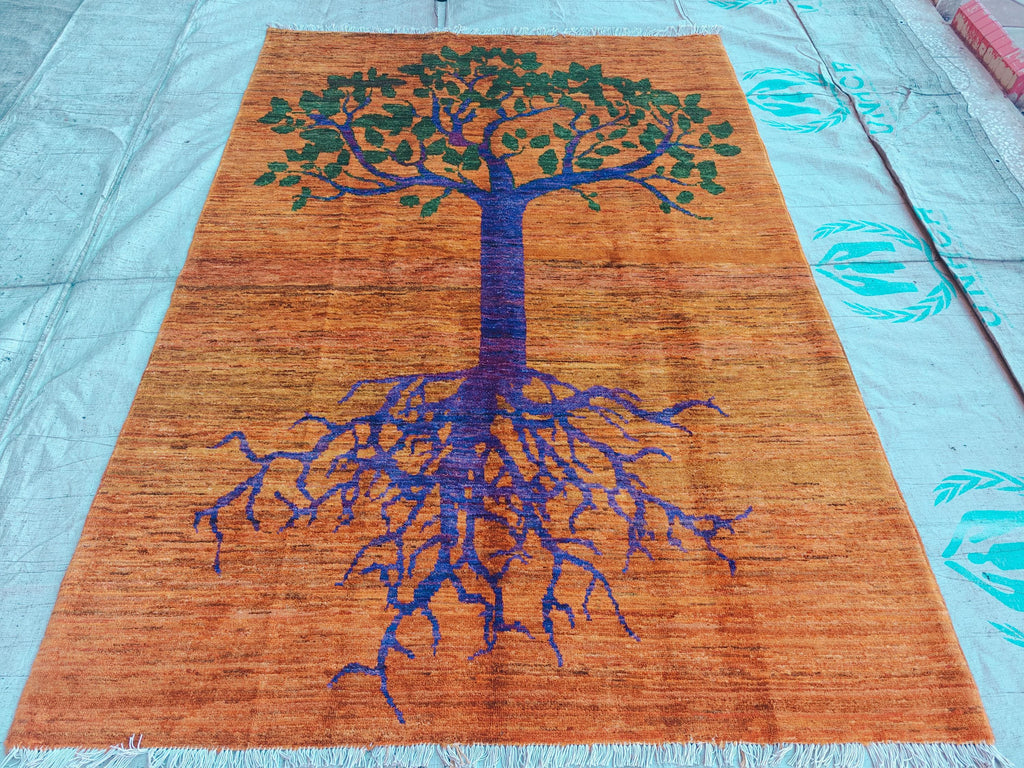 8x6 Handmade Rug with Tree Pattern- Wool Carpet, Unique Nature-Inspired Design, Artisan Crafted, Authentic Area Rug, Home Decor Rug 7.10x5.5