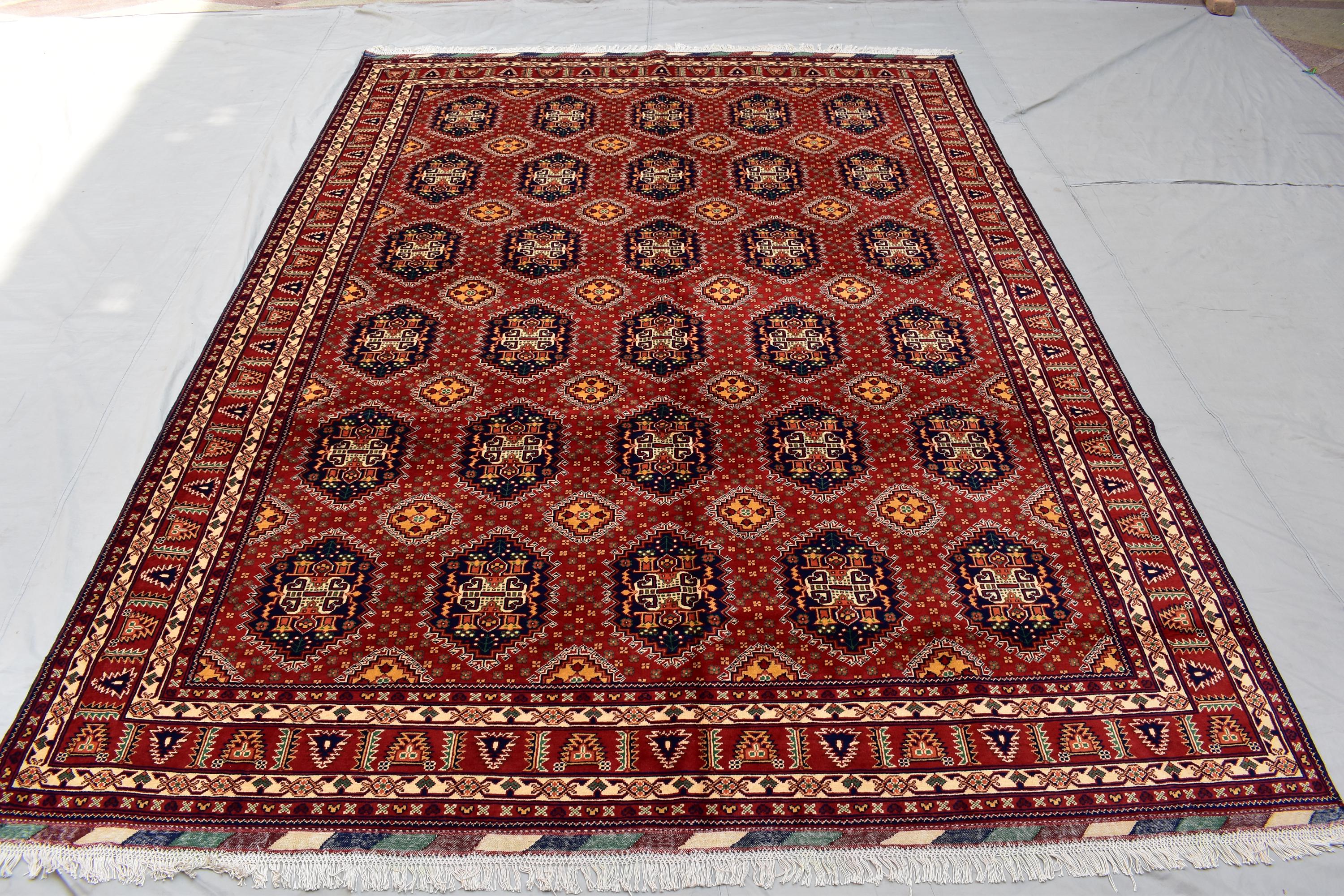 Samar Qandi Handmade Rug 8x12ft–Large Vintage Oriental Carpet, Red Geometric Wool Area Rug, Boho Home Decor, Tribal Afghan Style Rug 362x252