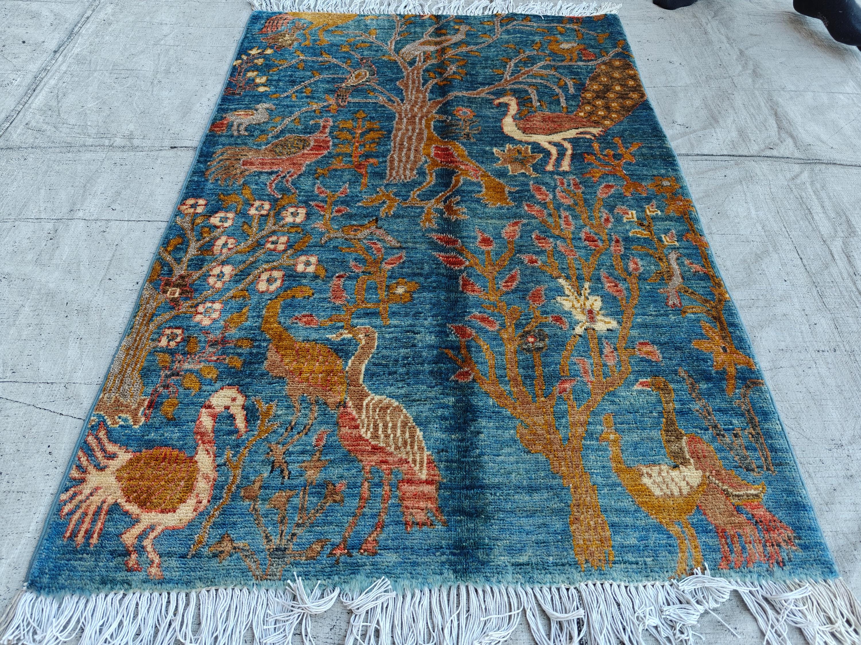 4x2.7 ft Handmade Afghan Chobi Rug– Animal Print Wool Carpet, Natural Dyes, Small Area Rug, Wall Hanging Rug