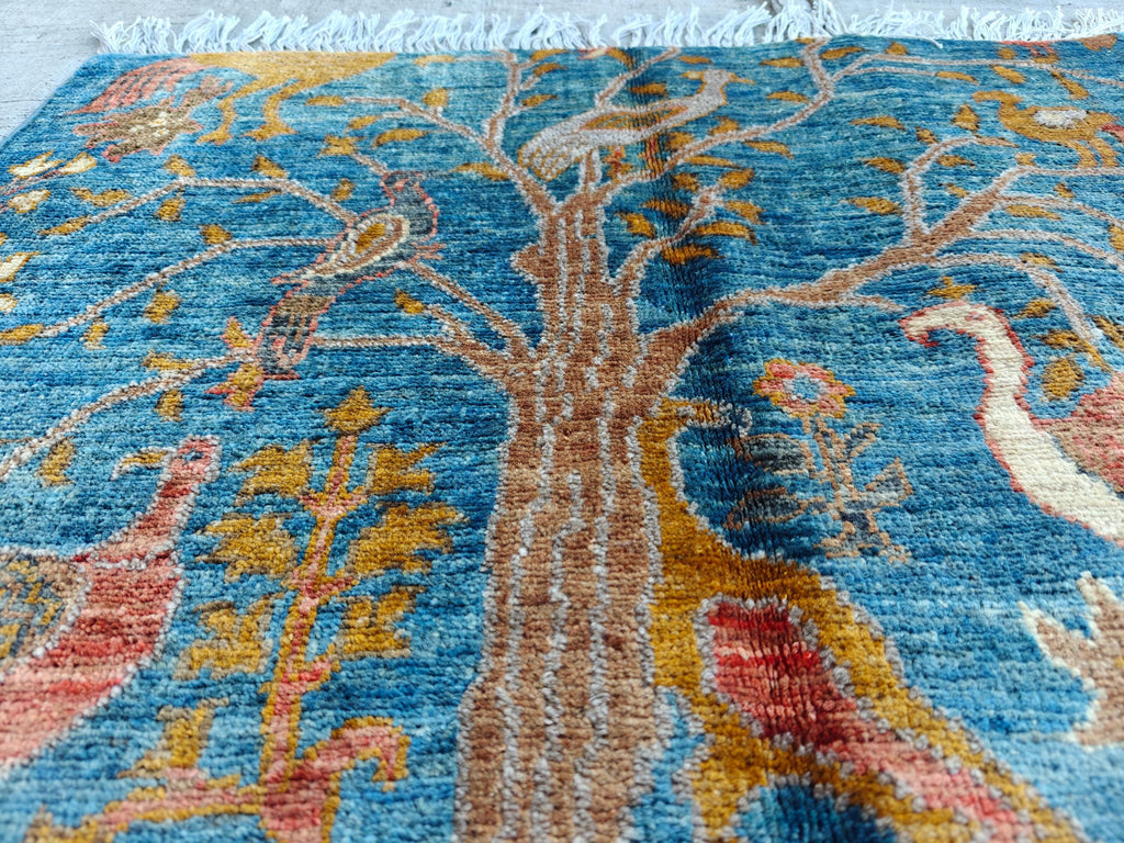 4x2.7 ft Handmade Afghan Chobi Rug– Animal Print Wool Carpet, Natural Dyes, Small Area Rug, Wall Hanging Rug