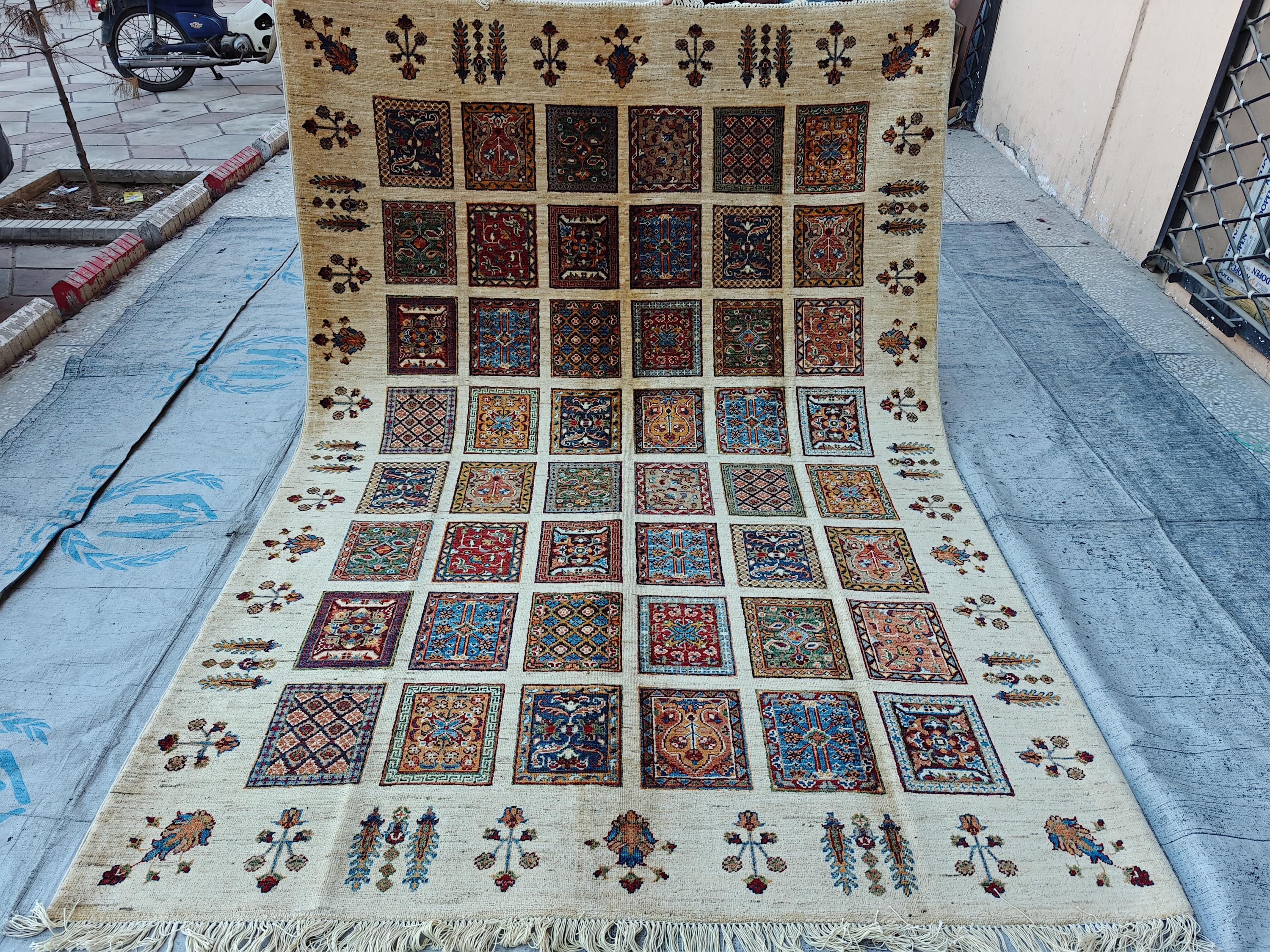 8.4x5.9 ft Handmade Chobi Rug - Mirrored Pattern | Afghan Wool Area Rug | Elegant Traditional Carpet for Living Room, Boho Home Decor