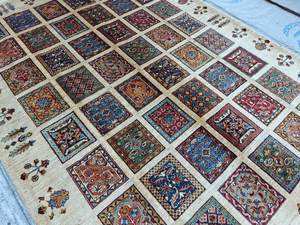 8.4x5.9 ft Handmade Chobi Rug - Mirrored Pattern | Afghan Wool Area Rug | Elegant Traditional Carpet for Living Room, Boho Home Decor