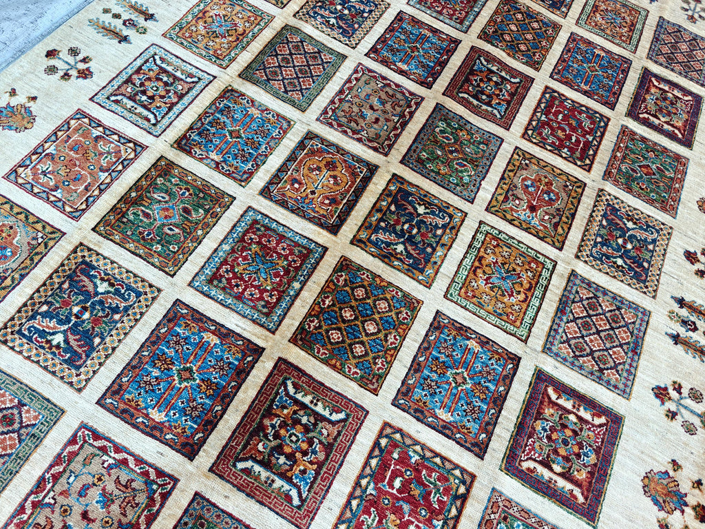 8.4x5.9 ft Handmade Chobi Rug - Mirrored Pattern | Afghan Wool Area Rug | Elegant Traditional Carpet for Living Room, Boho Home Decor