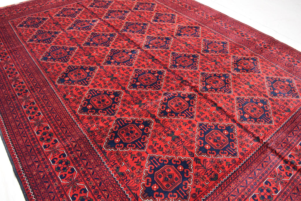 9x11 Red and Navy Blue Afghan Handmade Bukhara Rug - Geometric Design - Large Wool Area Carpet, Living Room, Dining Room Rug 11.3x8.10 ft