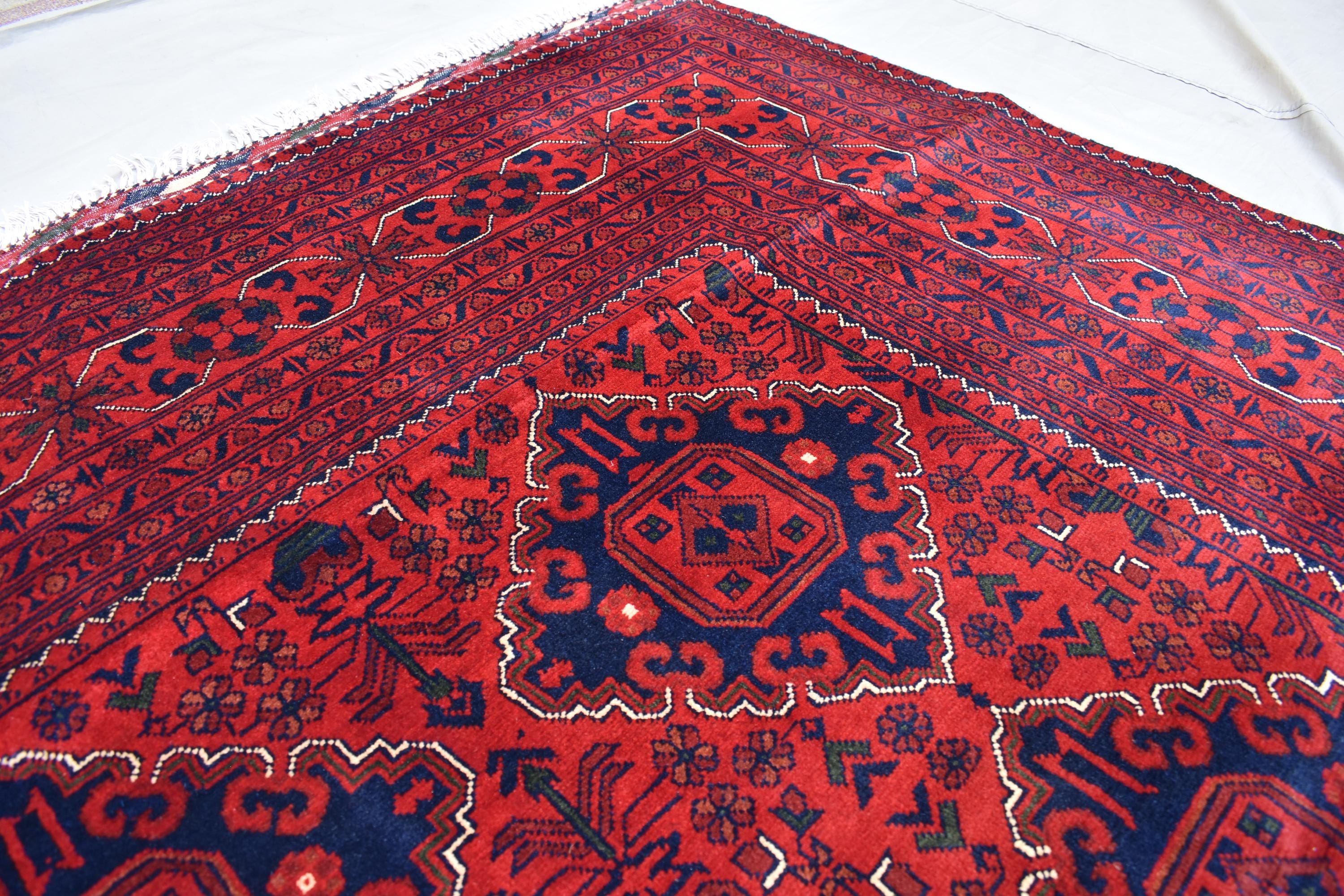 9x11 Red and Navy Blue Afghan Handmade Bukhara Rug - Geometric Design - Large Wool Area Carpet, Living Room, Dining Room Rug 11.3x8.10 ft
