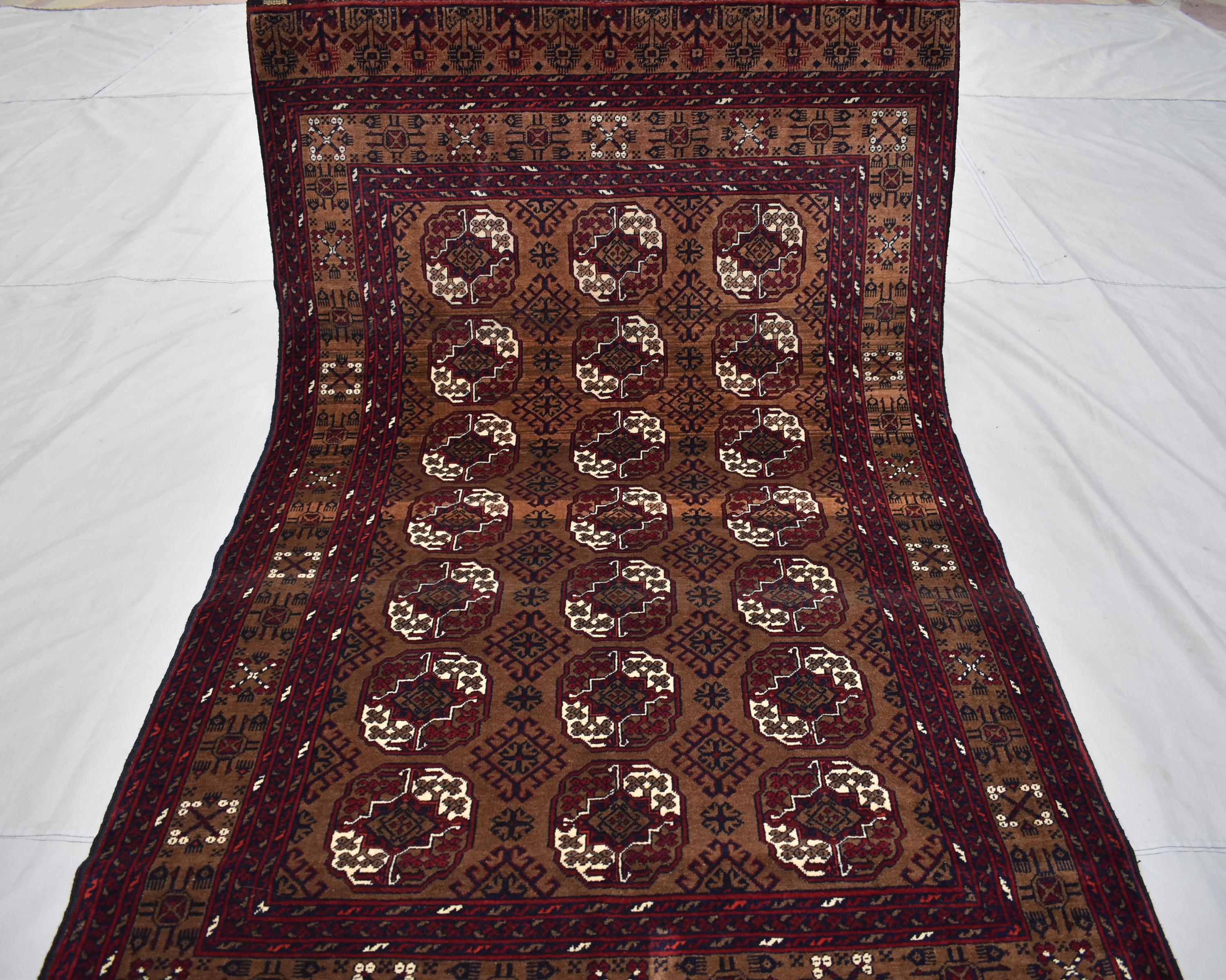 Vintage Ahal Gul Rug 6.5x3.7 ft – Handmade Afghan Wool Carpet, Tribal Geometric Design, Bohemian Area Rug, Rustic Home Décor