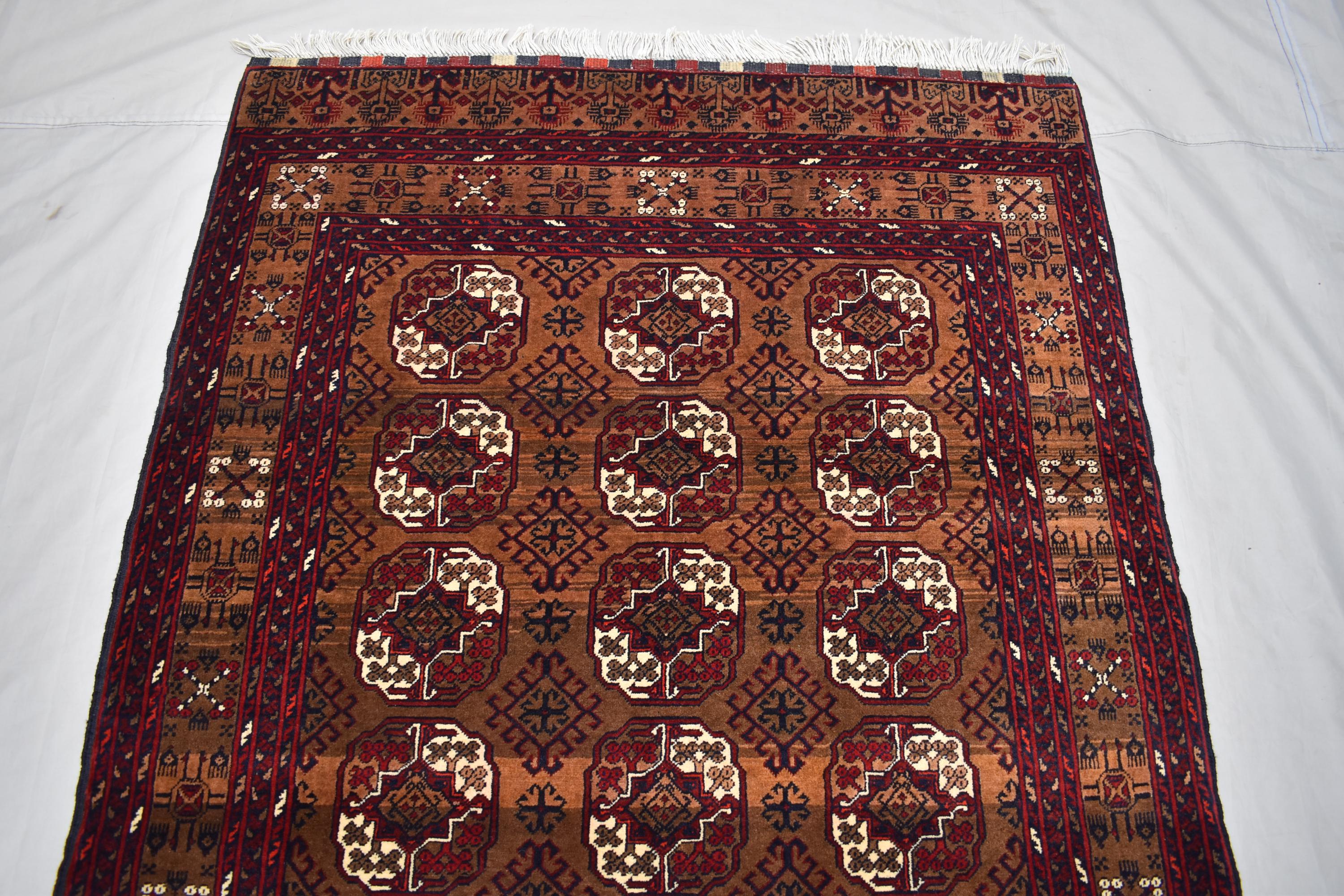 Vintage Ahal Gul Rug 6.5x3.7 ft – Handmade Afghan Wool Carpet, Tribal Geometric Design, Bohemian Area Rug, Rustic Home Décor