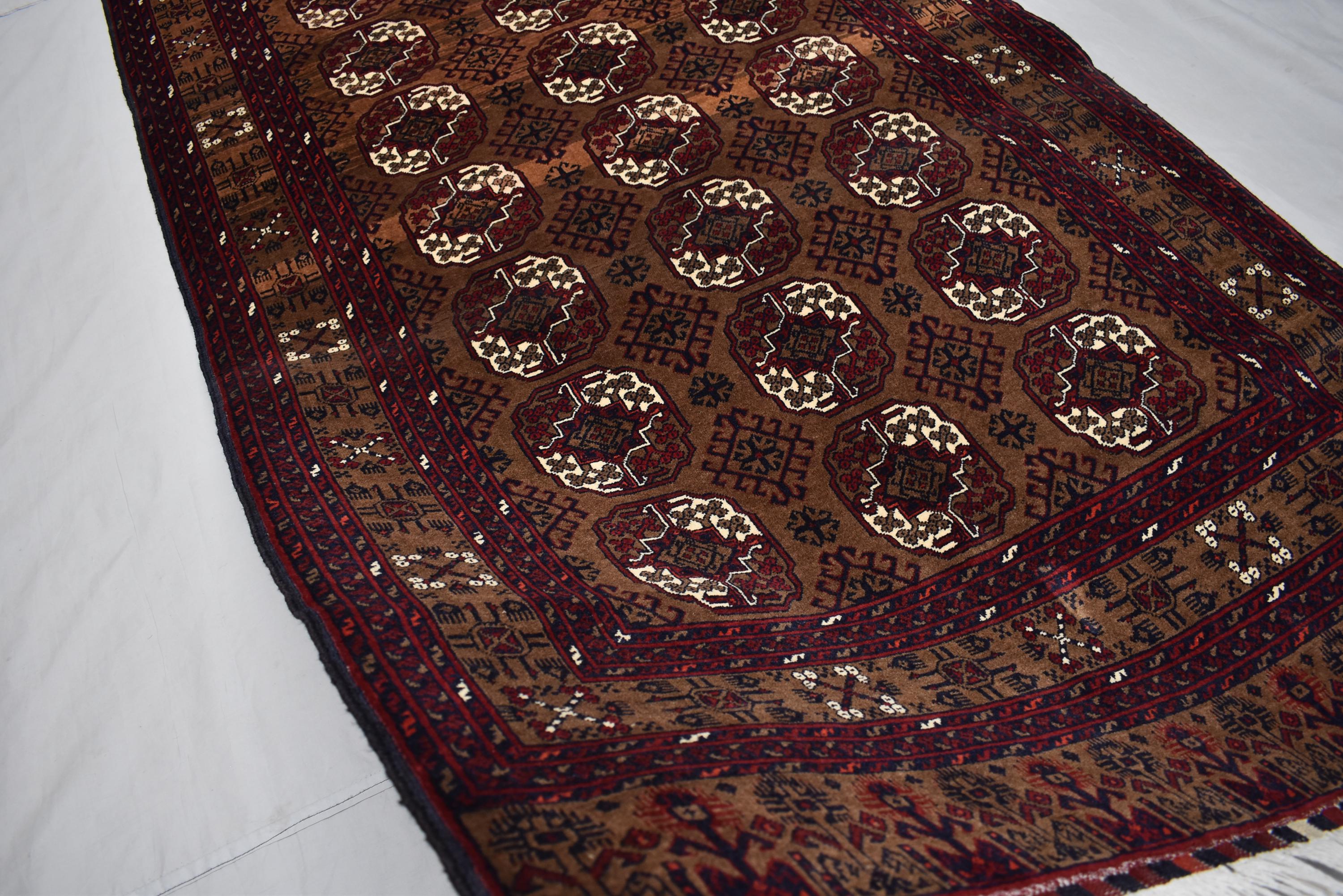 Vintage Ahal Gul Rug 6.5x3.7 ft – Handmade Afghan Wool Carpet, Tribal Geometric Design, Bohemian Area Rug, Rustic Home Décor