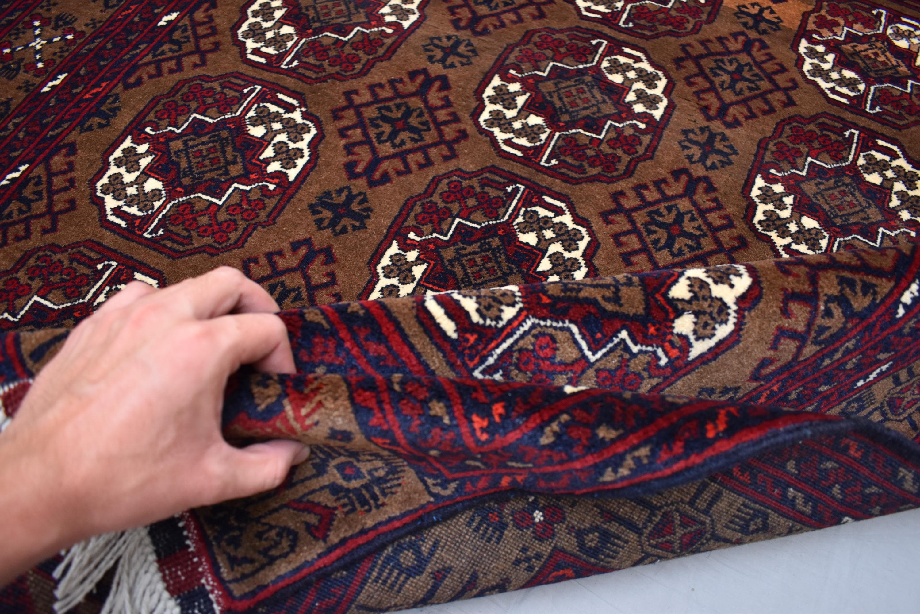 Vintage Ahal Gul Rug 6.5x3.7 ft – Handmade Afghan Wool Carpet, Tribal Geometric Design, Bohemian Area Rug, Rustic Home Décor