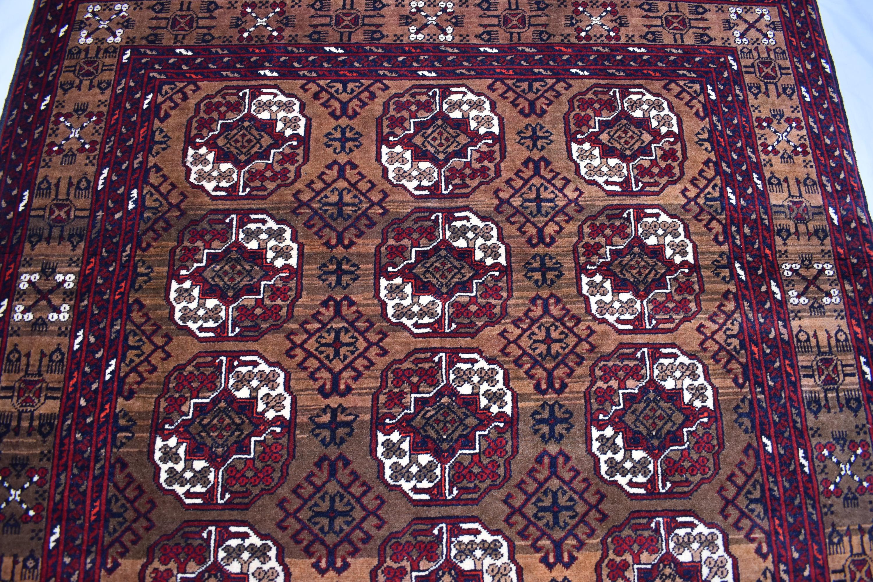 Vintage Ahal Gul Rug 6.5x3.7 ft – Handmade Afghan Wool Carpet, Tribal Geometric Design, Bohemian Area Rug, Rustic Home Décor