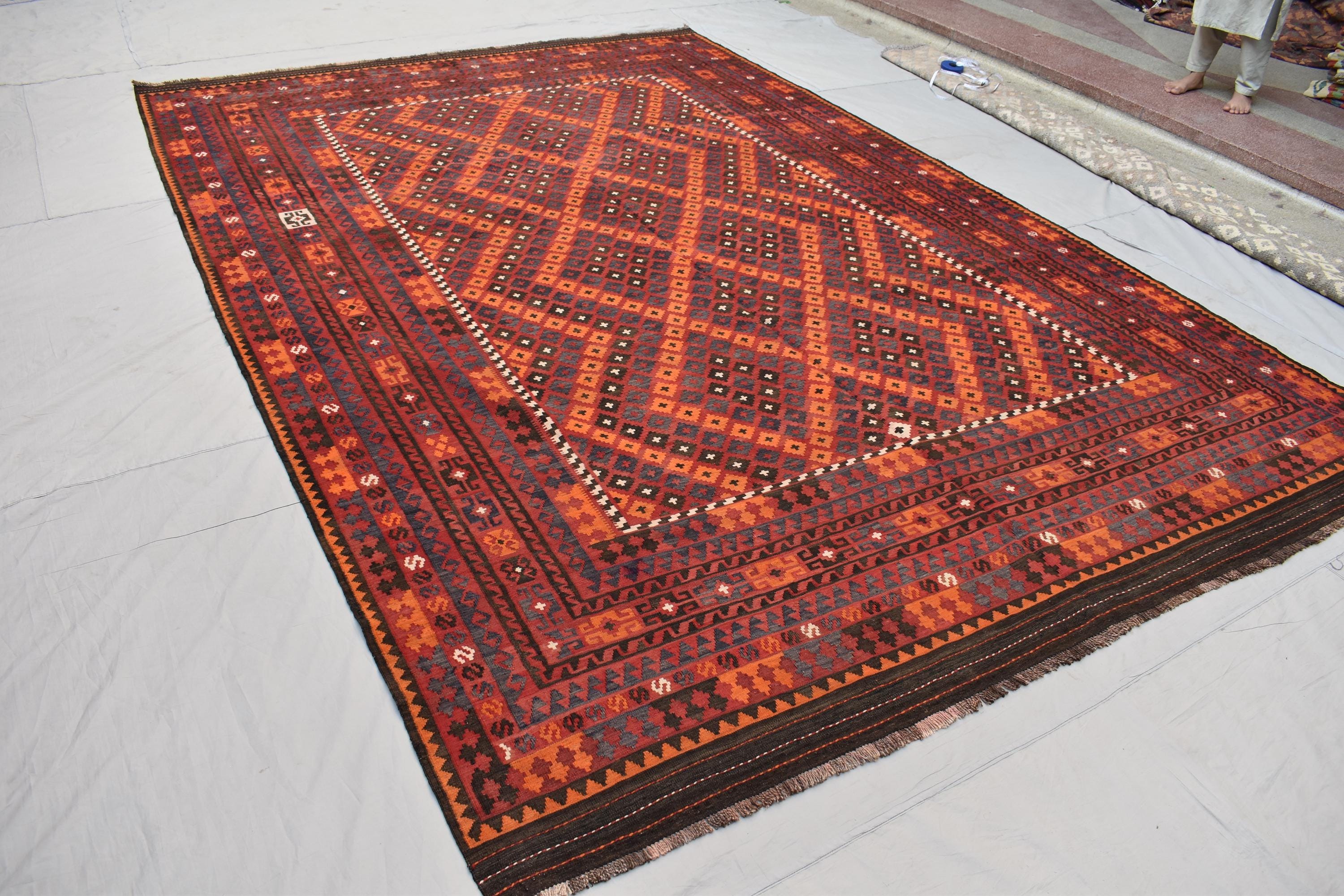 9x13 Authentic Vintage Kilim Rug Handwoven Afghan Wool Carpet for Living Room, Bedroom, or Dining Area, Farmhouse Rug
