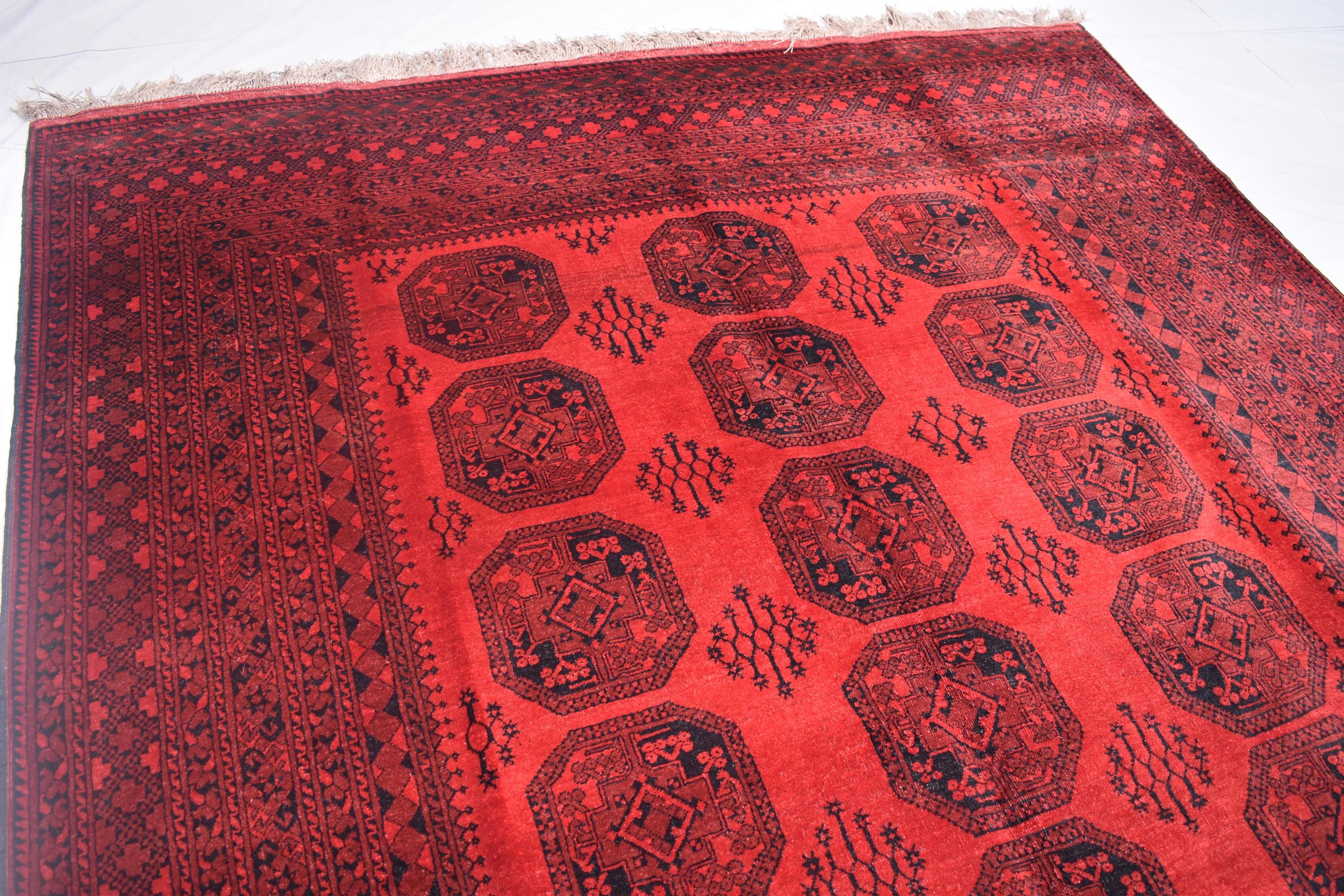 Vintage Afghan Pie Rug - Handmade 9.2x6.6 ft Wool Carpet, Tribal Red Oriental Area Rug, Bohemian Home Decor, Farm House Rug, Bedroom Rug