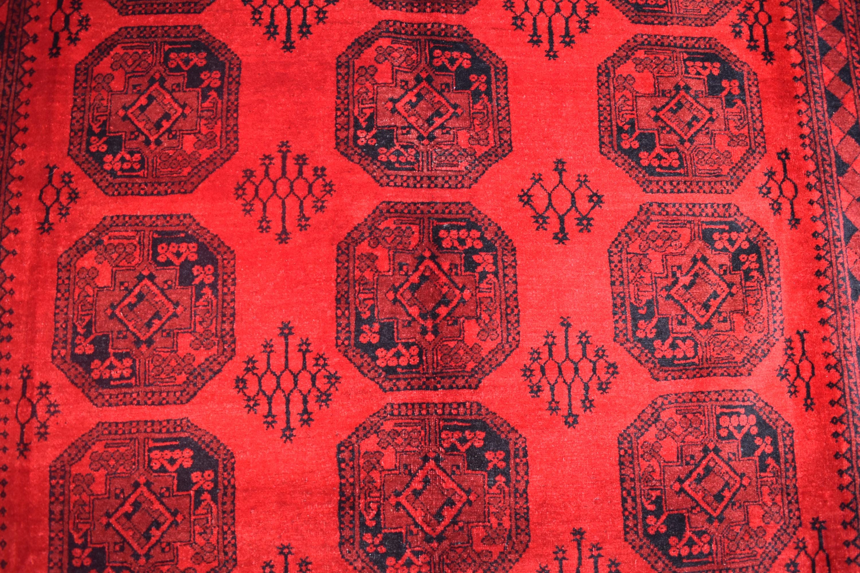 Vintage Afghan Pie Rug - Handmade 9.2x6.6 ft Wool Carpet, Tribal Red Oriental Area Rug, Bohemian Home Decor, Farm House Rug, Bedroom Rug