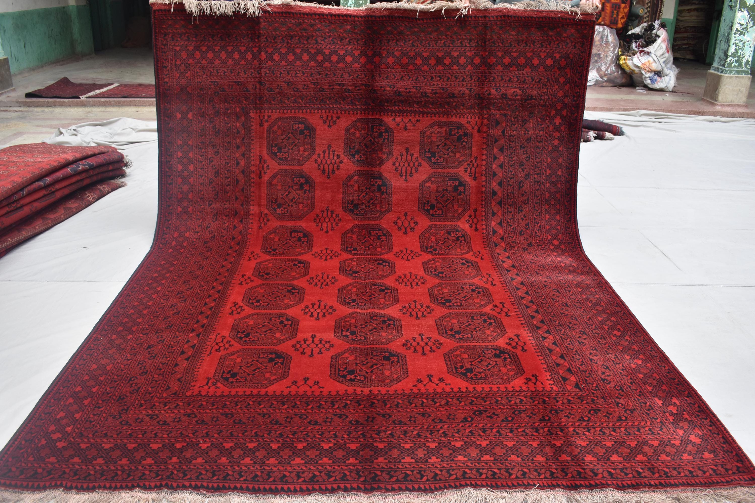 Vintage Afghan Pie Rug - Handmade 9.2x6.6 ft Wool Carpet, Tribal Red Oriental Area Rug, Bohemian Home Decor, Farm House Rug, Bedroom Rug
