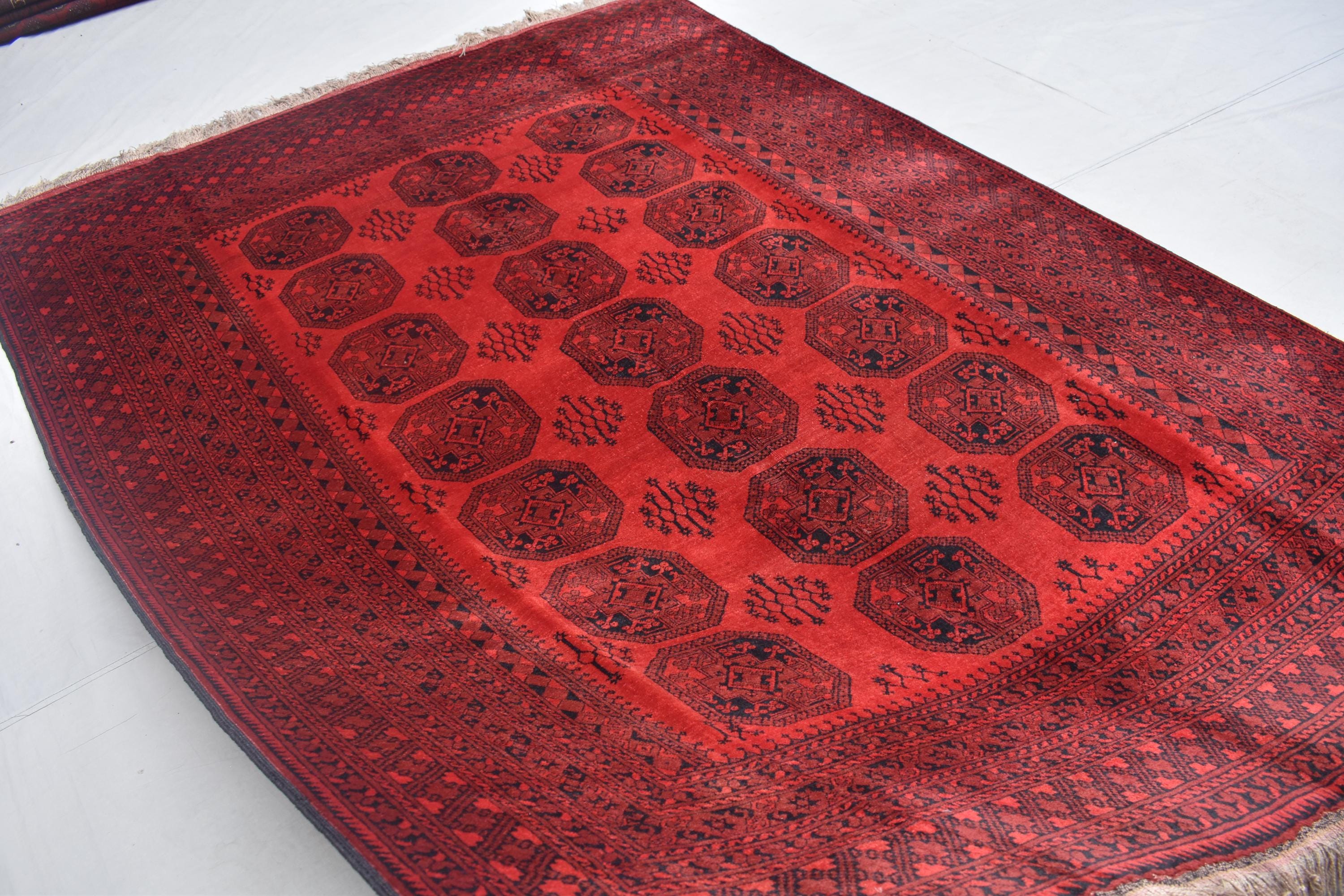 Vintage Afghan Pie Rug - Handmade 9.2x6.6 ft Wool Carpet, Tribal Red Oriental Area Rug, Bohemian Home Decor, Farm House Rug, Bedroom Rug