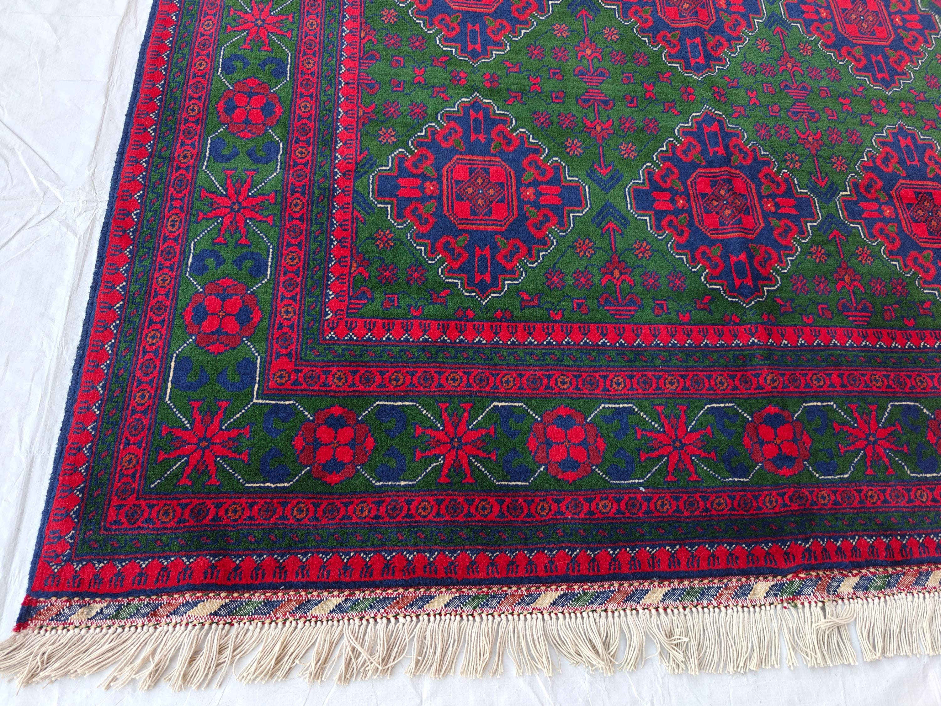 5x7 Afghan Handmade Rug Deep Green and Red Handmade Rug, Boho Distressed Wool Area Rug, Unique Handwoven Persian Style Rug, Living Room Rug