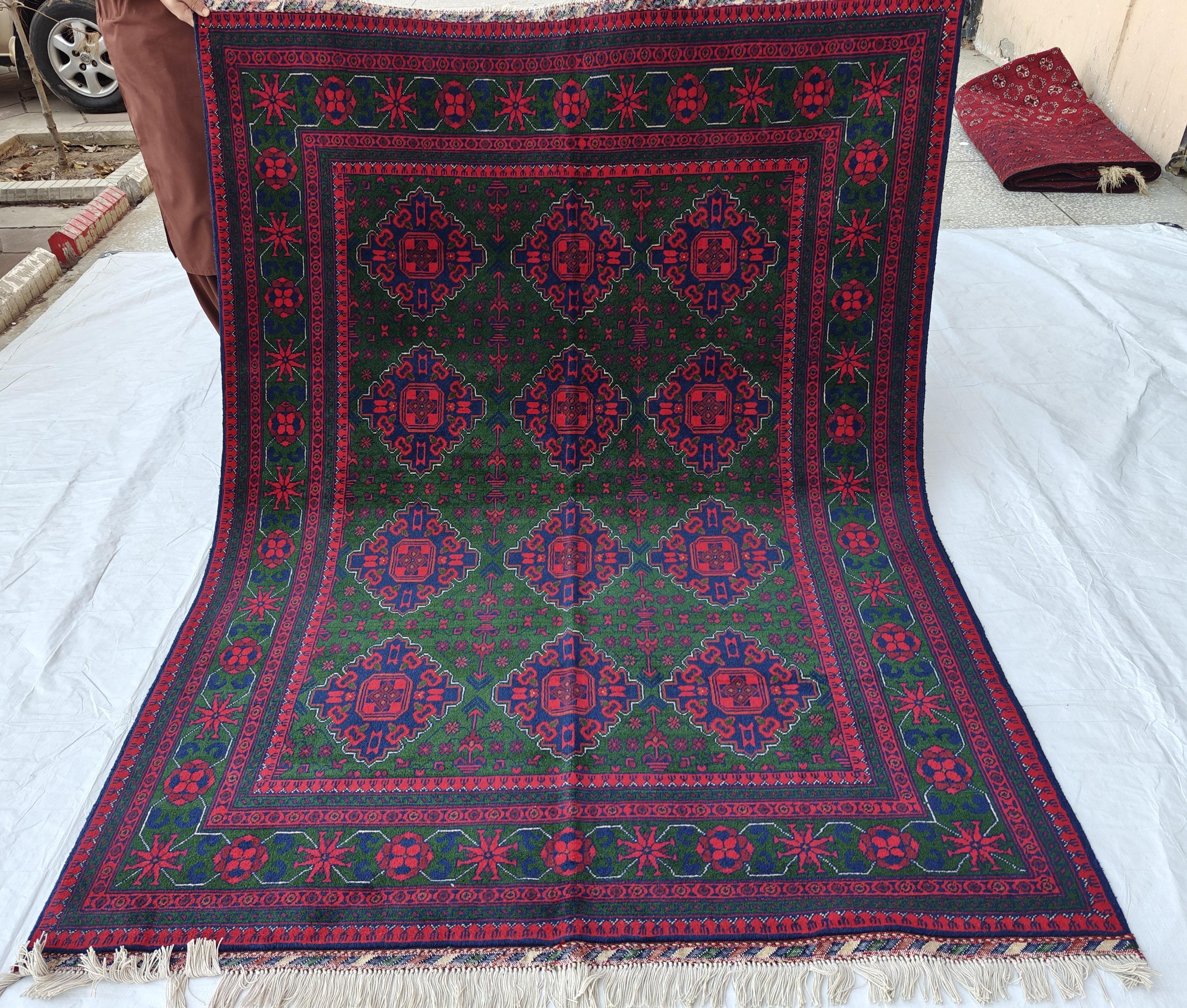 5x7 Deep Green and Red Handmade Rug, Boho Distressed Wool Area Rug, Unique Handwoven Persian Style Rug, Living Room Rug, Durable and Soft