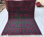 5x7 Afghan Handmade Rug Deep Green and Red Handmade Rug, Boho Distressed Wool Area Rug, Unique Handwoven Persian Style Rug, Living Room Rug