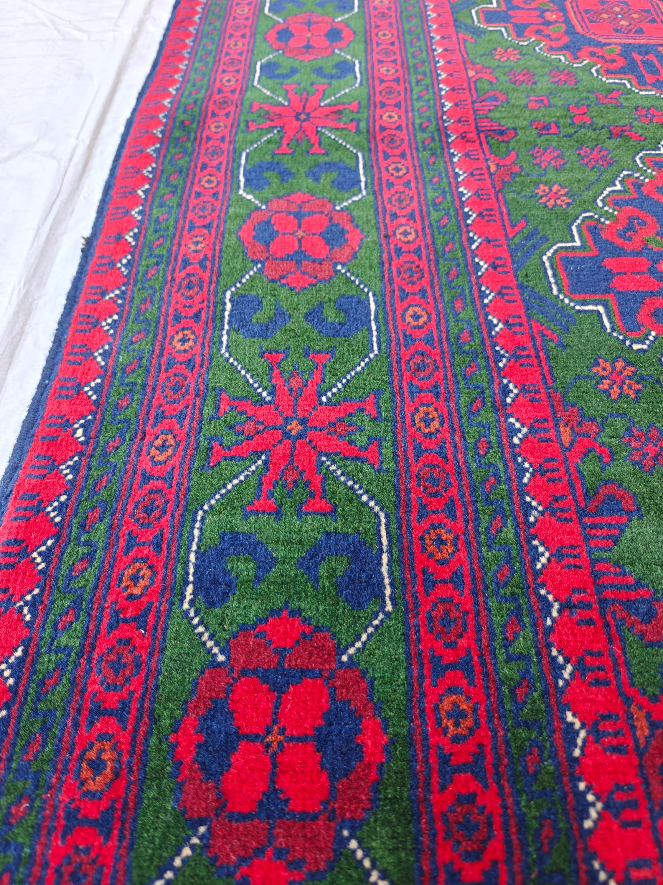 5x7 Deep Green and Red Handmade Rug, Boho Distressed Wool Area Rug, Unique Handwoven Persian Style Rug, Living Room Rug, Durable and Soft