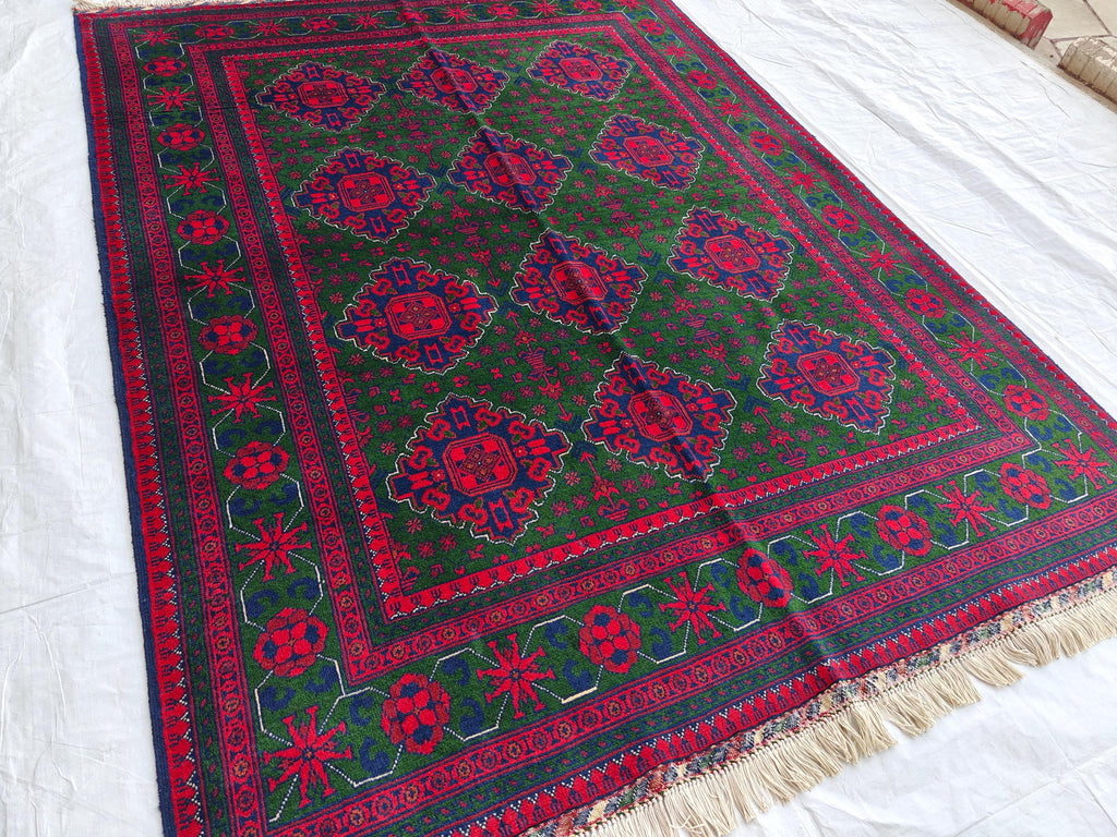 5x7 Afghan Handmade Rug Deep Green and Red Handmade Rug, Boho Distressed Wool Area Rug, Unique Handwoven Persian Style Rug, Living Room Rug