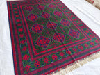 5x7 Afghan Handmade Rug Deep Green and Red Handmade Rug, Boho Distressed Wool Area Rug, Unique Handwoven Persian Style Rug, Living Room Rug