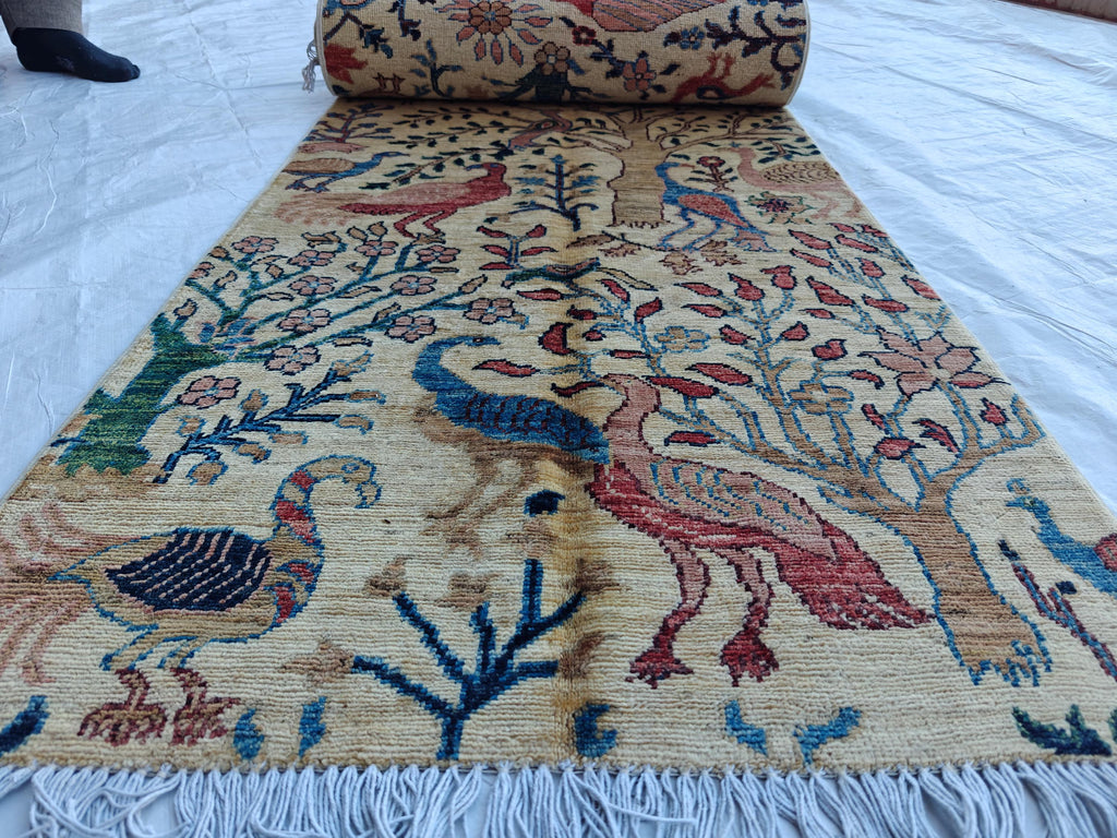 2x14 Runner Chobi Peacocks Pattern Runner- Handwoven Persian Carpet with Elegant Design and Rich Colors, Hallway Runner, 2.3x13.9 ft