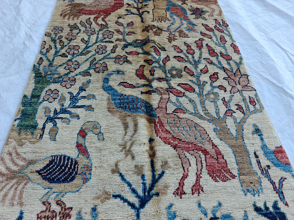 2x14 Runner Chobi Peacocks Pattern Runner- Handwoven Persian Carpet with Elegant Design and Rich Colors, Hallway Runner, 2.3x13.9 ft