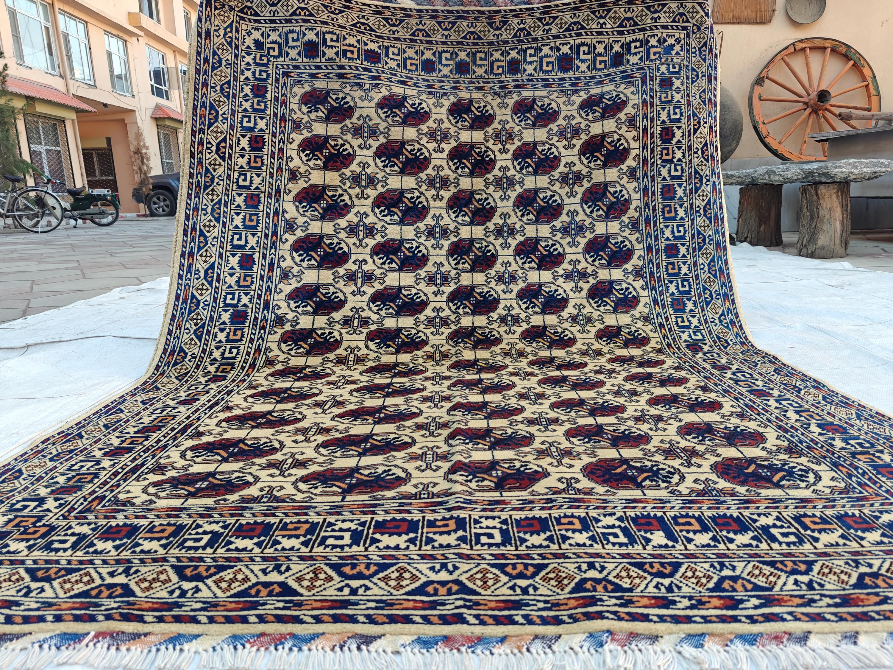Handwoven Ahal Gul Rug 6.7x4.9 ft | Afghan Vintage Area Rug for Home Decor | Unique Tribal Carpet, Living Room Rug, Farm House, Bedroom Rug