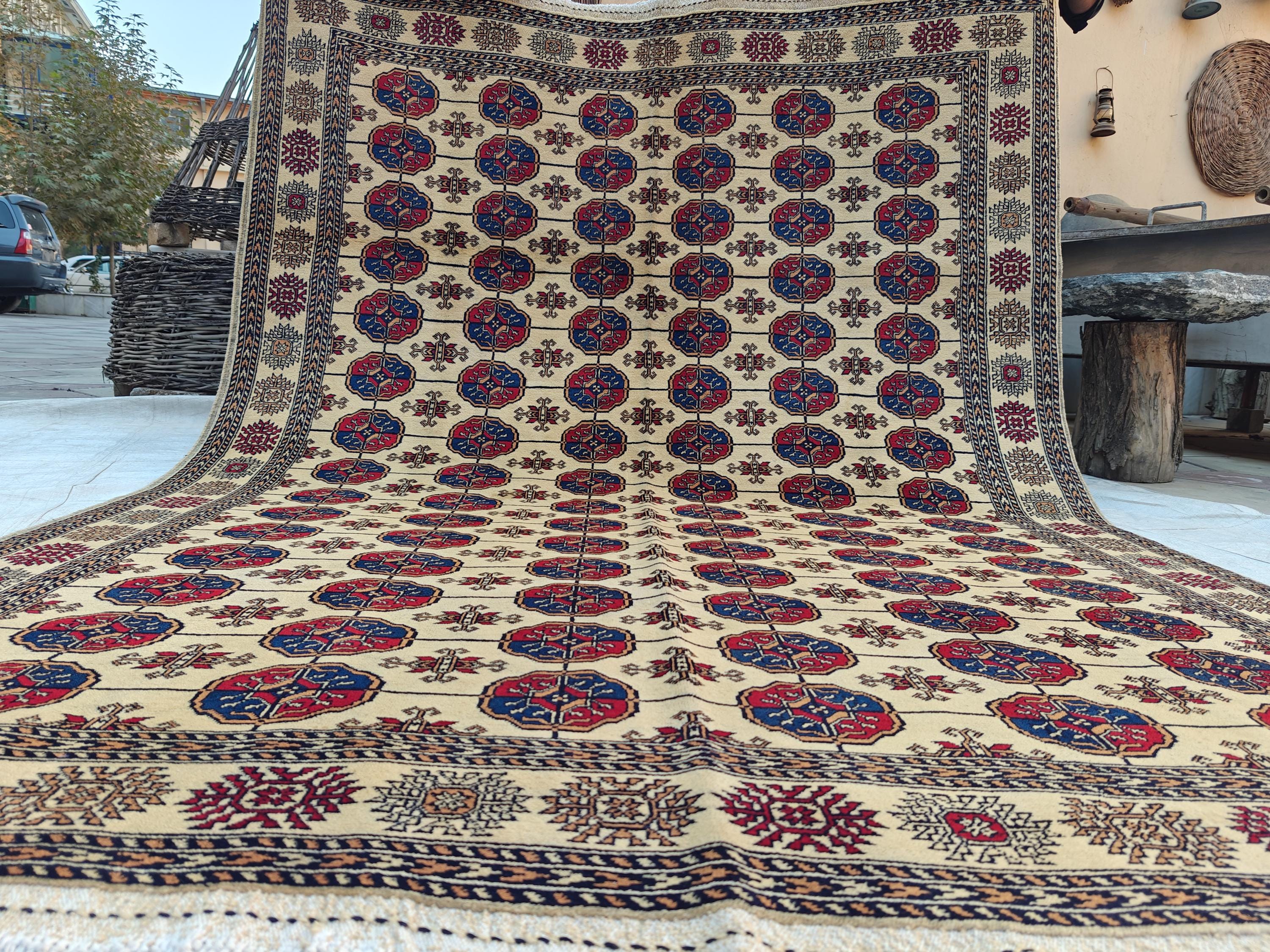 6x8 Creamy Ahal Gul Rug | Afghan Area Rug for Home Decor | Unique Tribal Oriental Carpet, Bedroom Rug, Rug for Living Room 7.7x5.6 ft