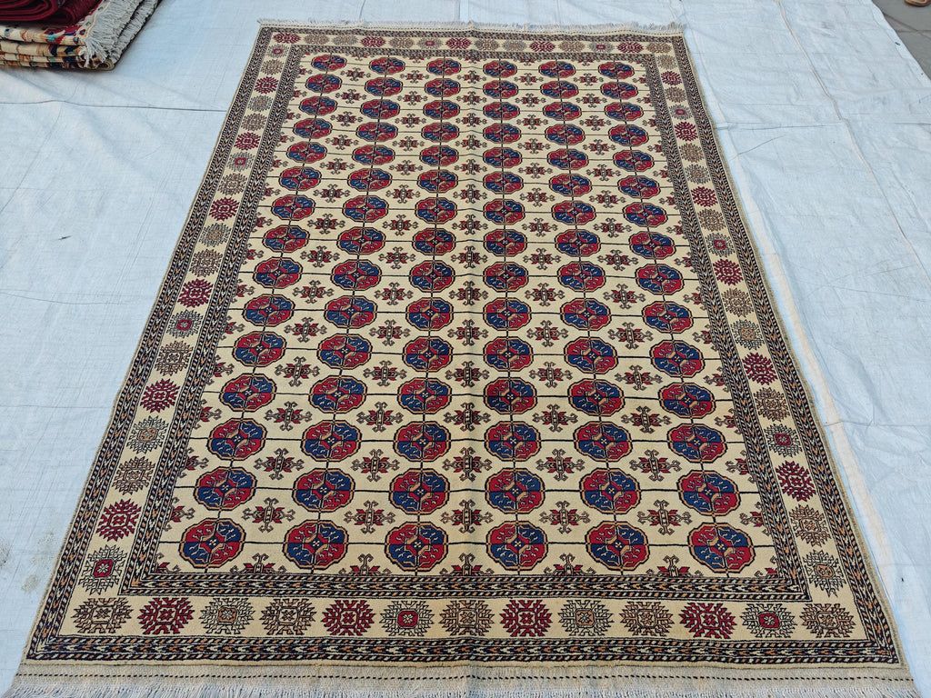 6x8 Creamy Ahal Gul Rug | Afghan Area Rug for Home Decor | Unique Tribal Oriental Carpet, Bedroom Rug, Rug for Living Room 7.7x5.6 ft