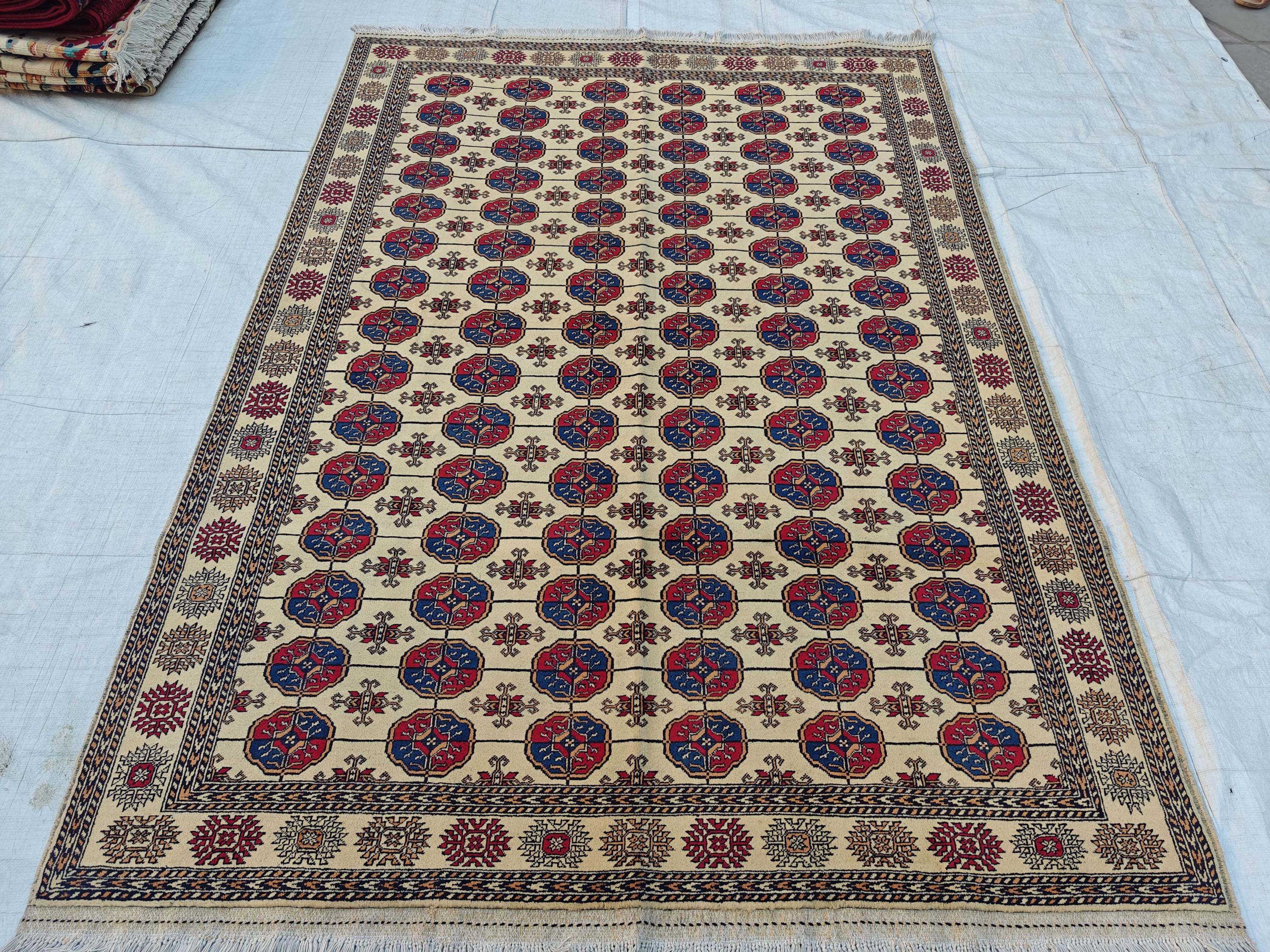6x8 Creamy Ahal Gul Rug | Afghan Area Rug for Home Decor | Unique Tribal Oriental Carpet, Bedroom Rug, Rug for Living Room 7.7x5.6 ft